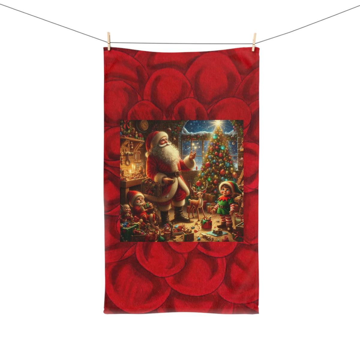 Christmas Santa Hand Towel — Festive Holiday Kitchen Towel with Santa & Tree