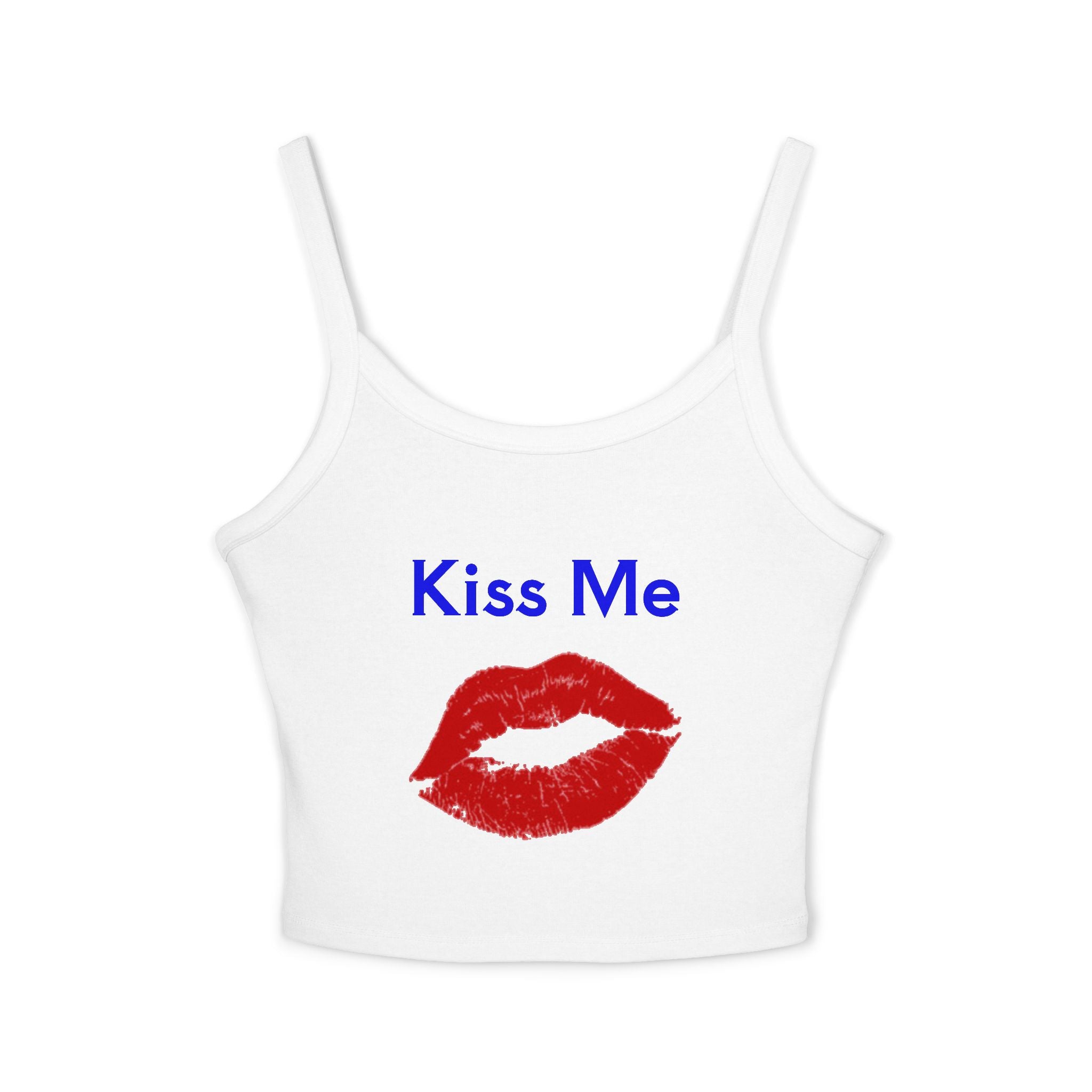 White tank top with red lipstick print and 'Kiss Me' text on a white background