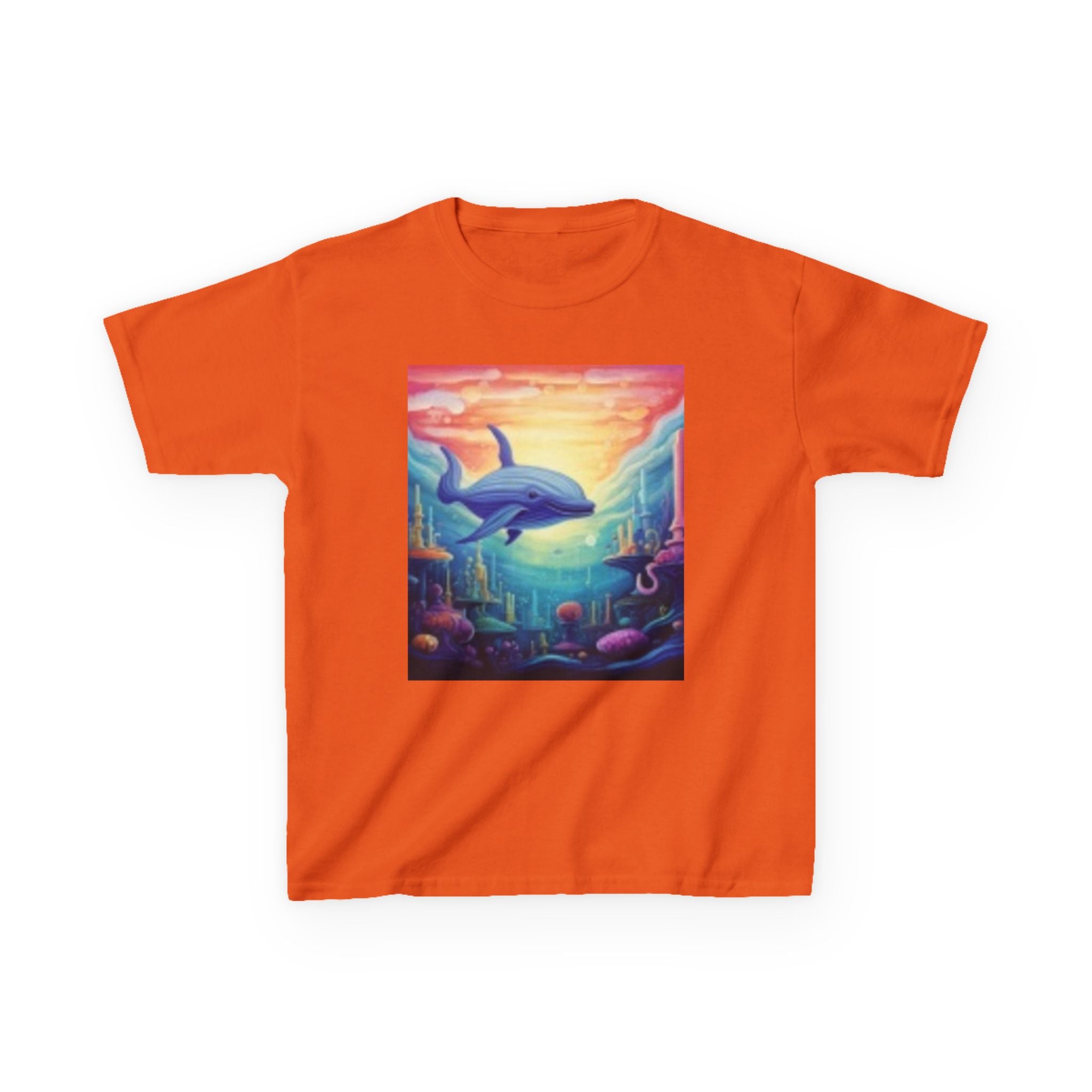 Kids Dolphin Sunset & Shells T-Shirt — Colorful Underwater Ocean Scene