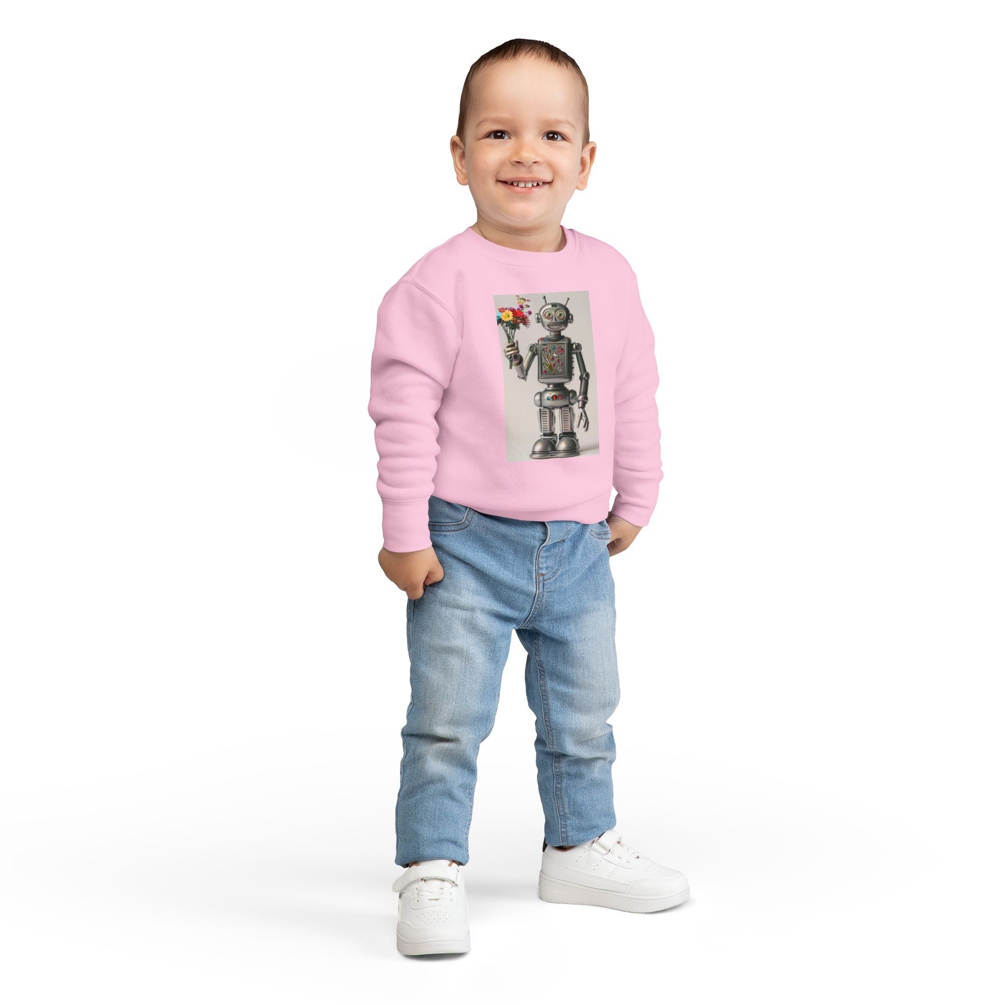 Retro Robot Toddler Sweatshirt — Cute Robot Holding Flowers Graphic