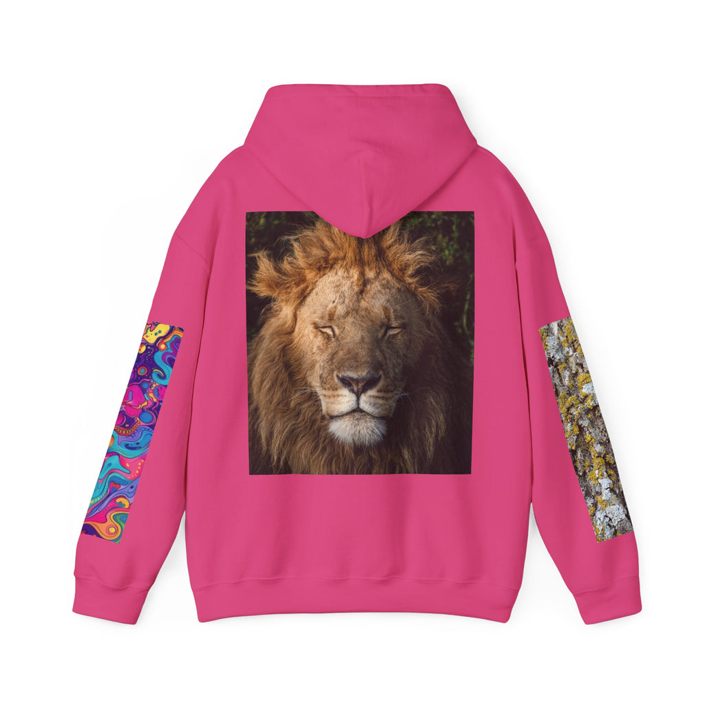 Lion Portrait Hoodie with Colorful Sleeve Accent — Majestic Wildlife Pullover
