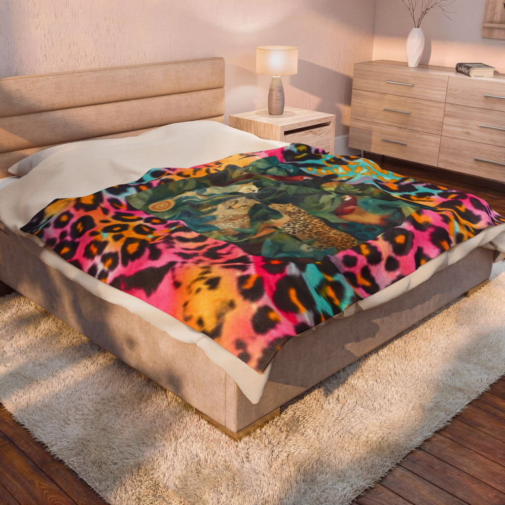 Safari Jungle Velveteen Plush Blanket — Colorful Leopard & Tropical Bird Print