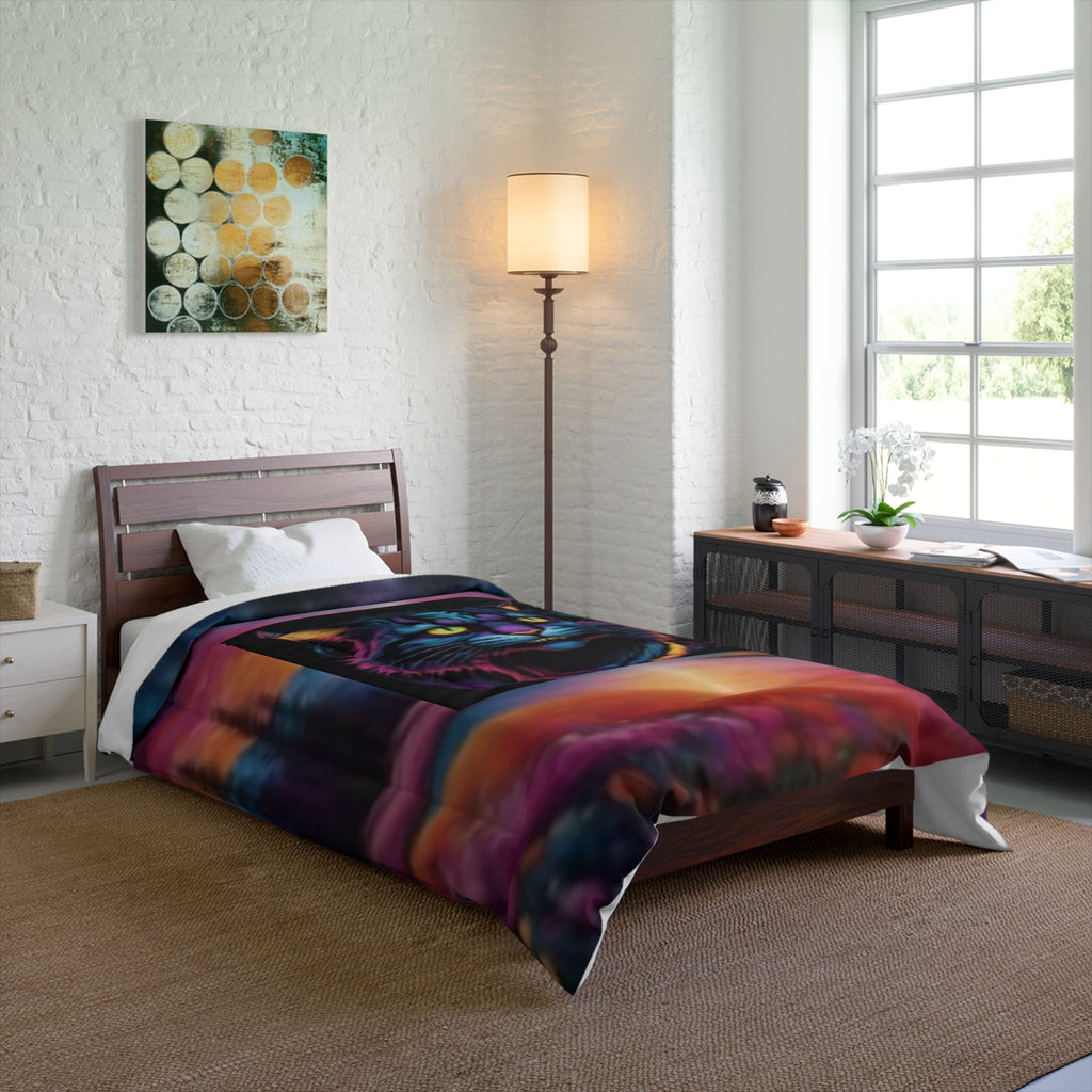 Black Cat Sunset Comforter — Lightweight Cozy Bedding for Bedroom