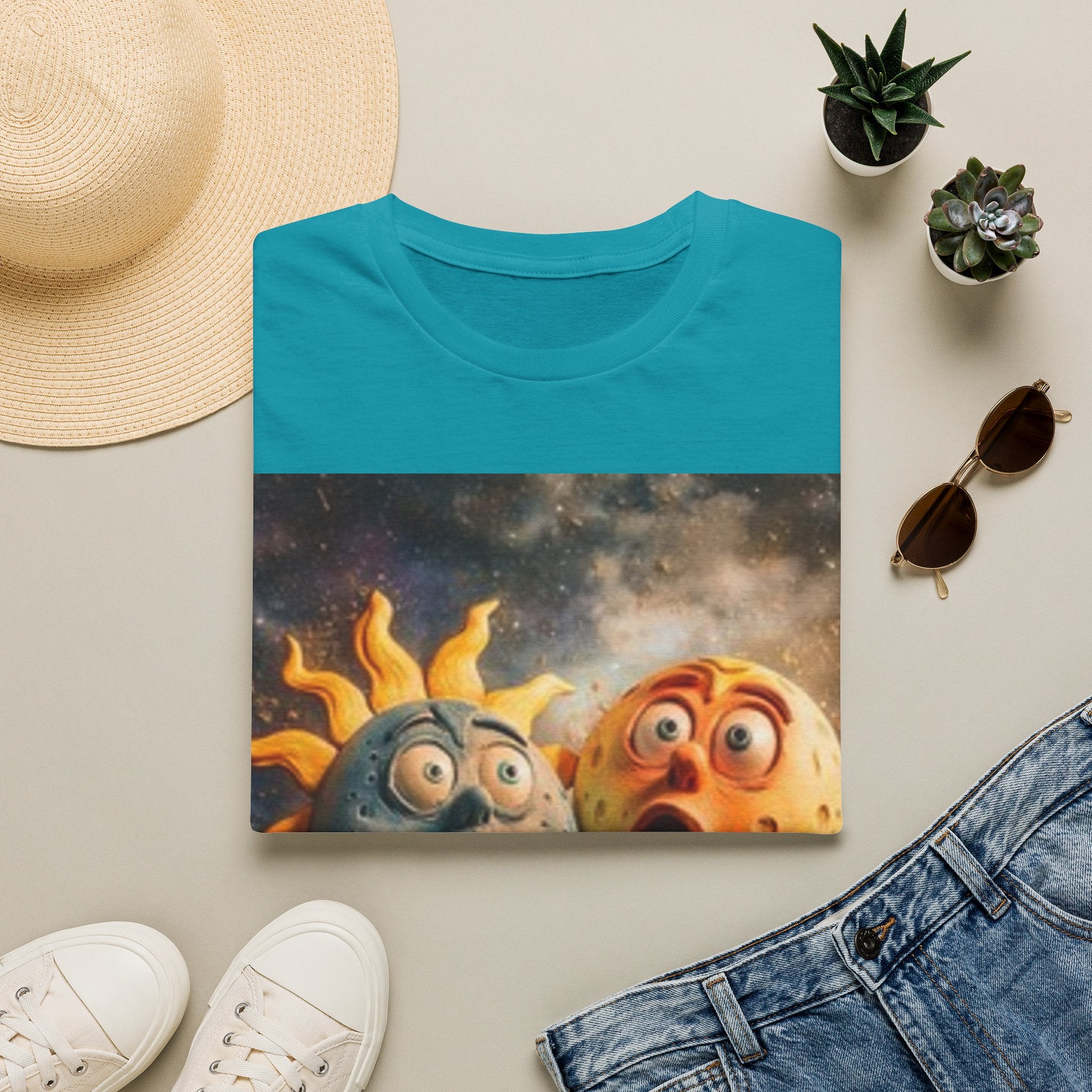 T-shirt Soleil & Lune surpris — Adorable t-shirt cosmique duo solaire de dessins animés