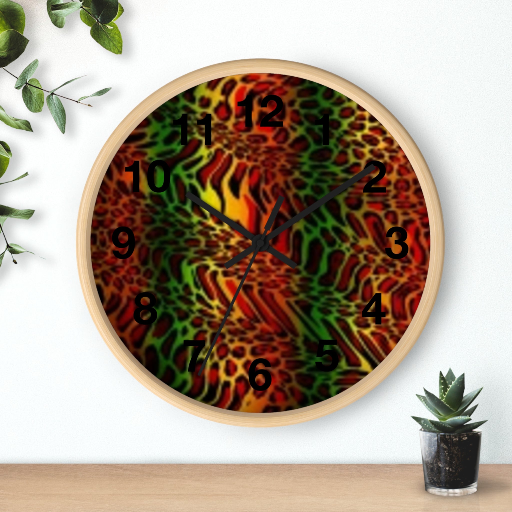 Rasta Safari Wall Clock — Vibrant Red Green Yellow Animal Print Timepiece