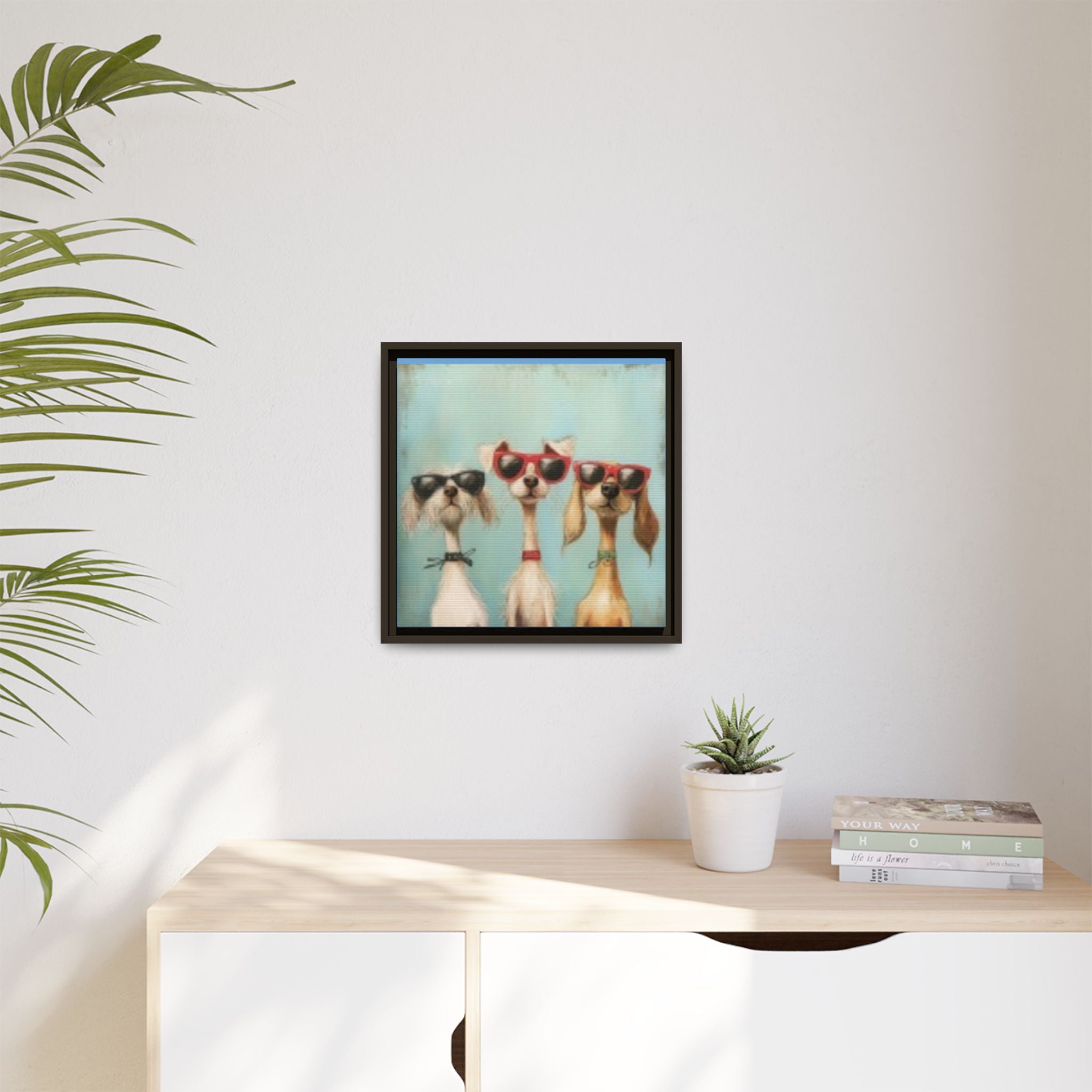 Framed Matte Canvas — Three Cool Dogs in Sunglasses Wall Art