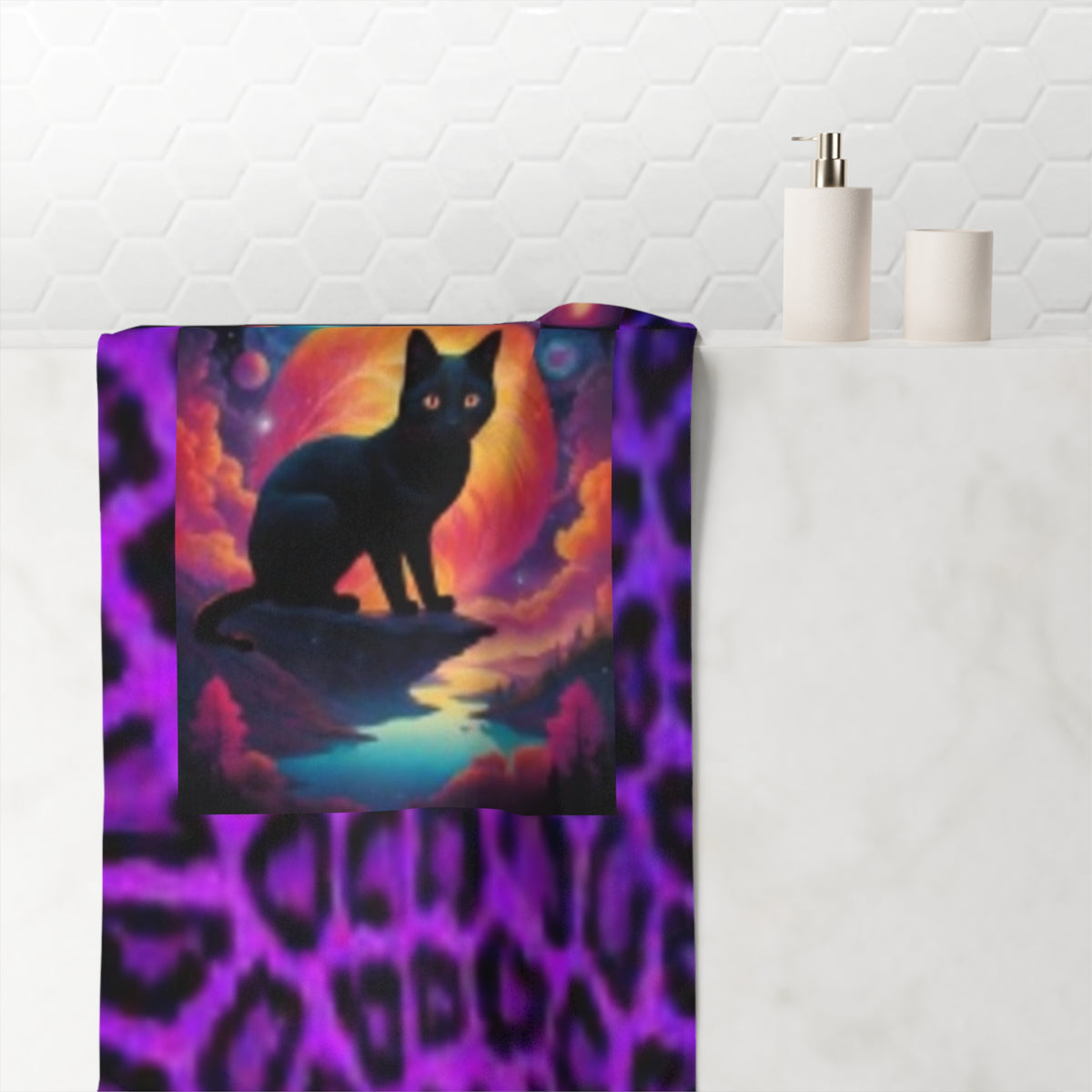Mystic Black Cat Beach Towel — Purple Leopard Print