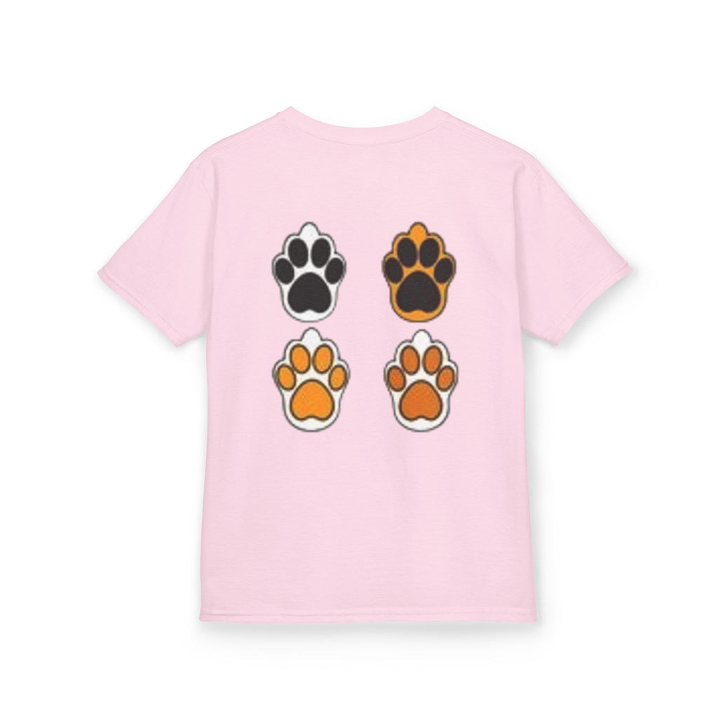 Kids Cat Paw T-Shirt — Cute Kitten Row Front & Paw Prints Back