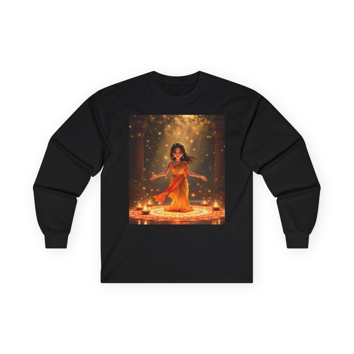 Dancing Goddess Long Sleeve Tee — Festive Indian Festival Candle Design