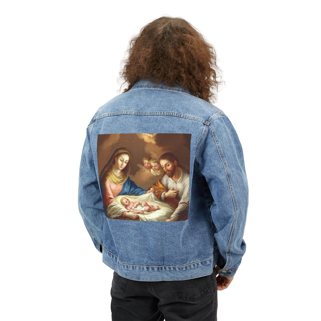 Denim Jacket — Vintage Nativity Birth of Jesus Back Print Christmas Jacket