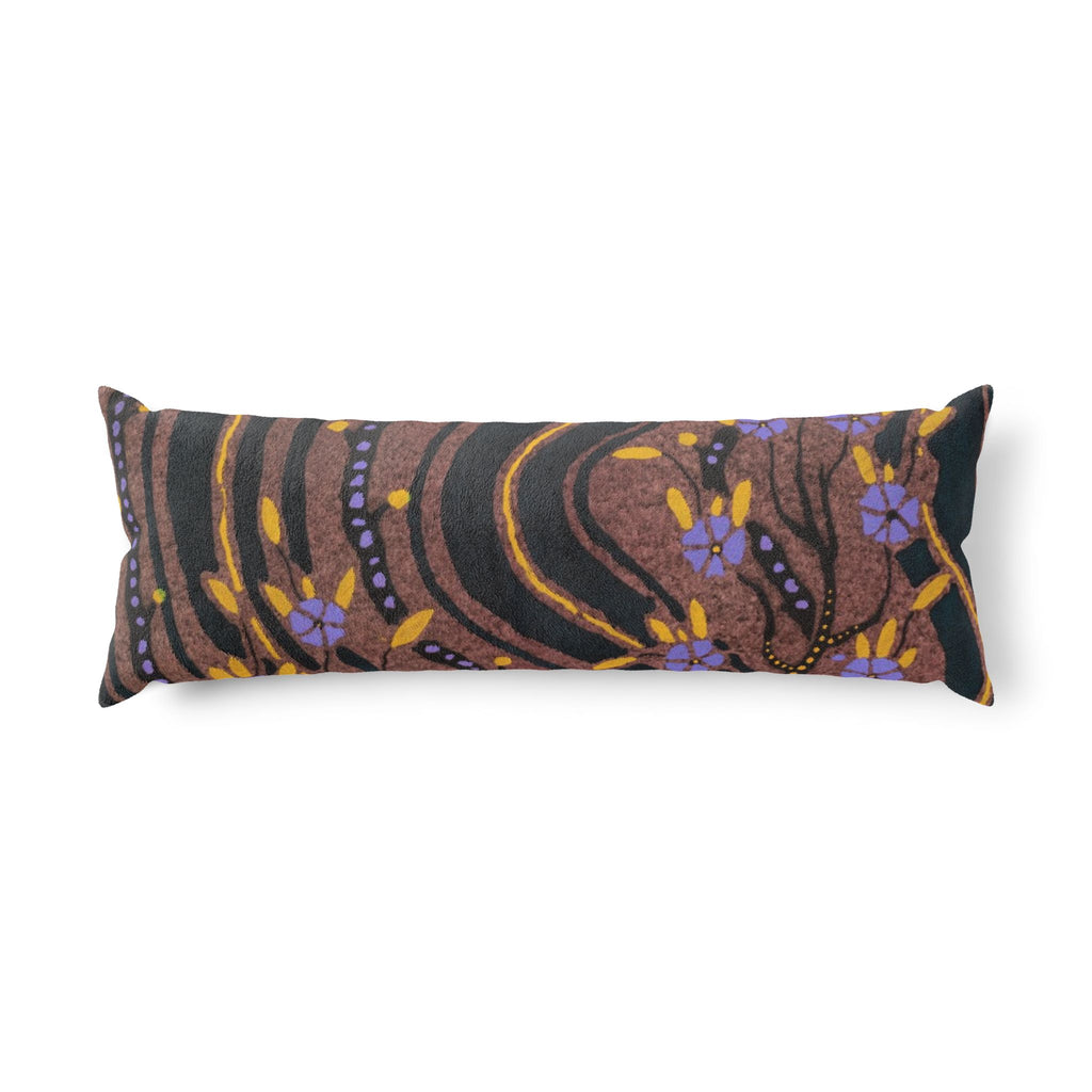 Boho Floral Body Pillow — Earthy Swirl Pattern with Purple Flowers