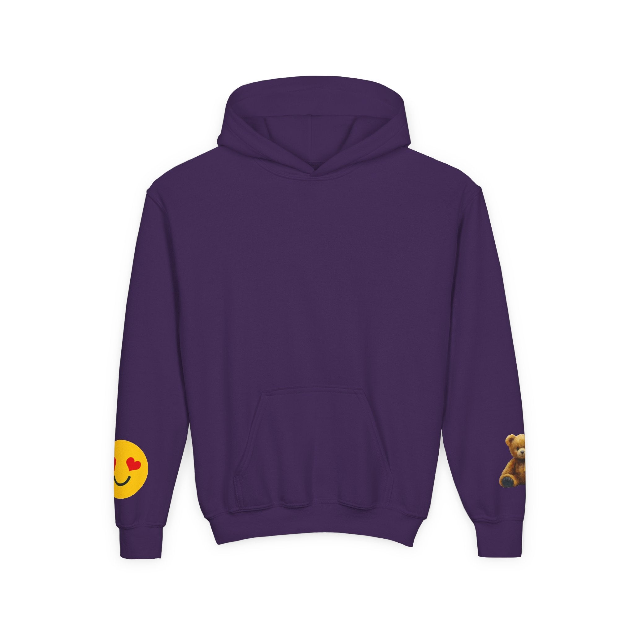Youth Hoodie with Teddy Bear & Heart-Eyes Emoji Sleeve Accents