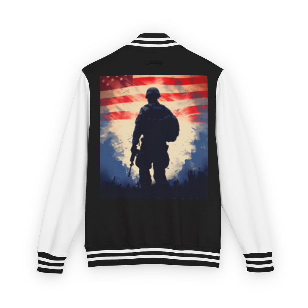 Veteran Tribute Letterman Jacket - American Flag Soldier Graphic