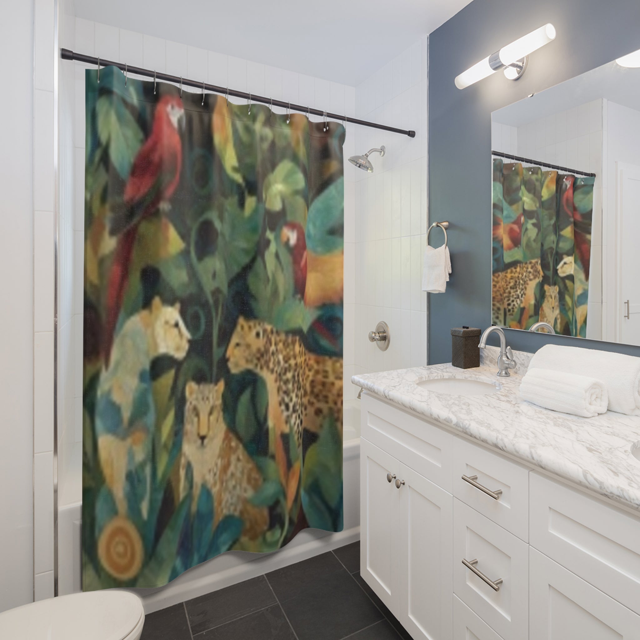Jungle Cats Shower Curtain – Tropical Leopard & Parrot Botanical Bath Decor