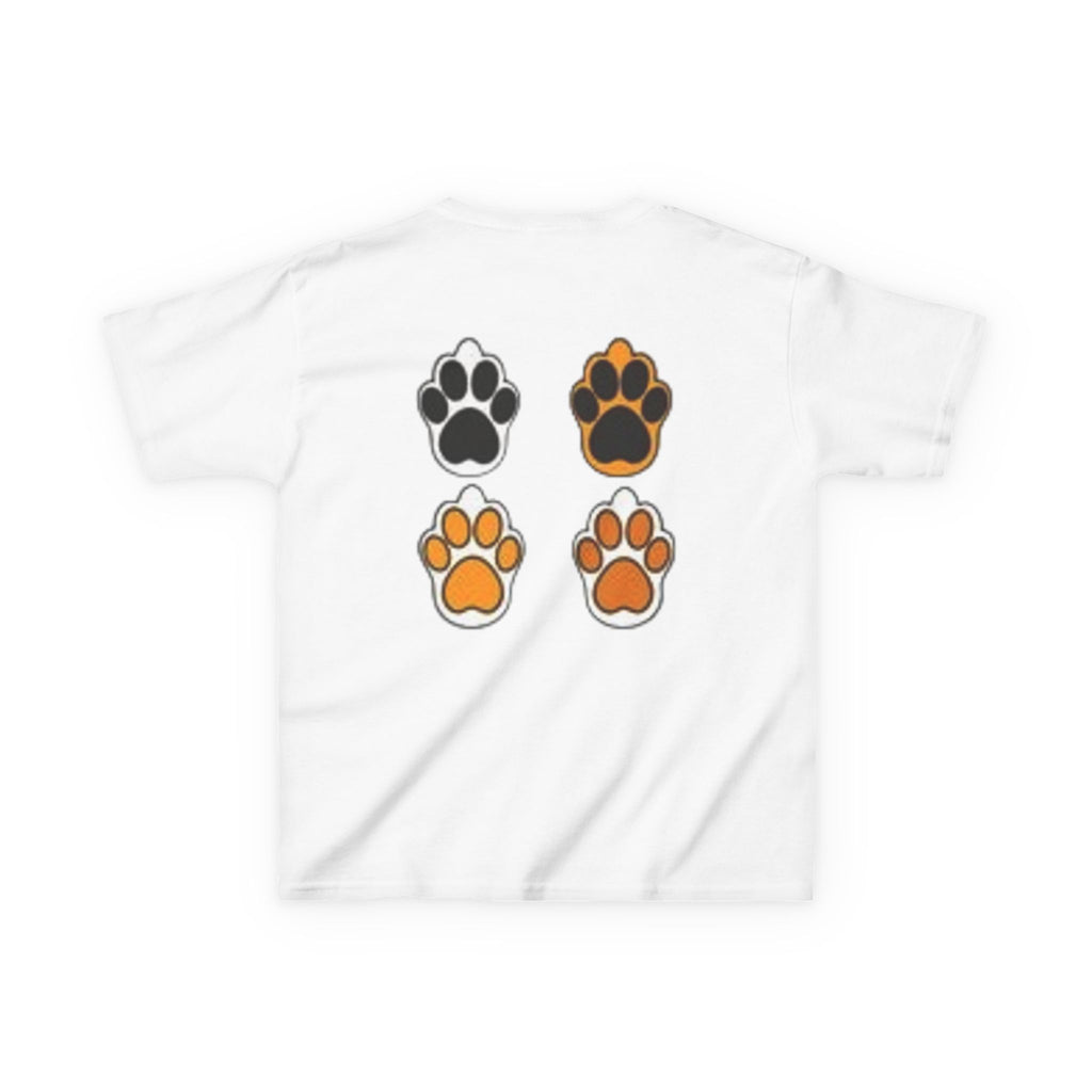Kids Cat Paw T-Shirt — Cute Kitten Row Front & Paw Prints Back