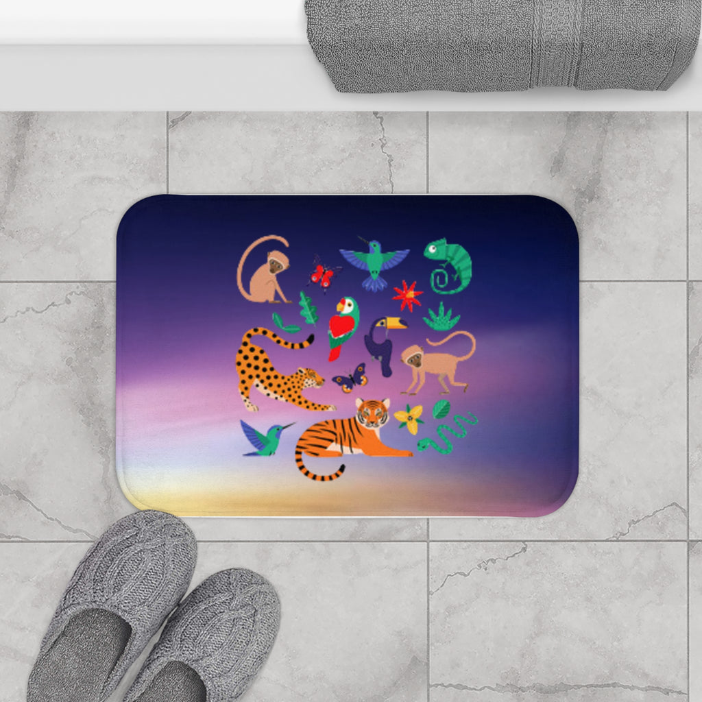 Jungle Animals Gradient Bath Mat – Colorful Tiger, Parrot & Wildlife Bathroom Rug