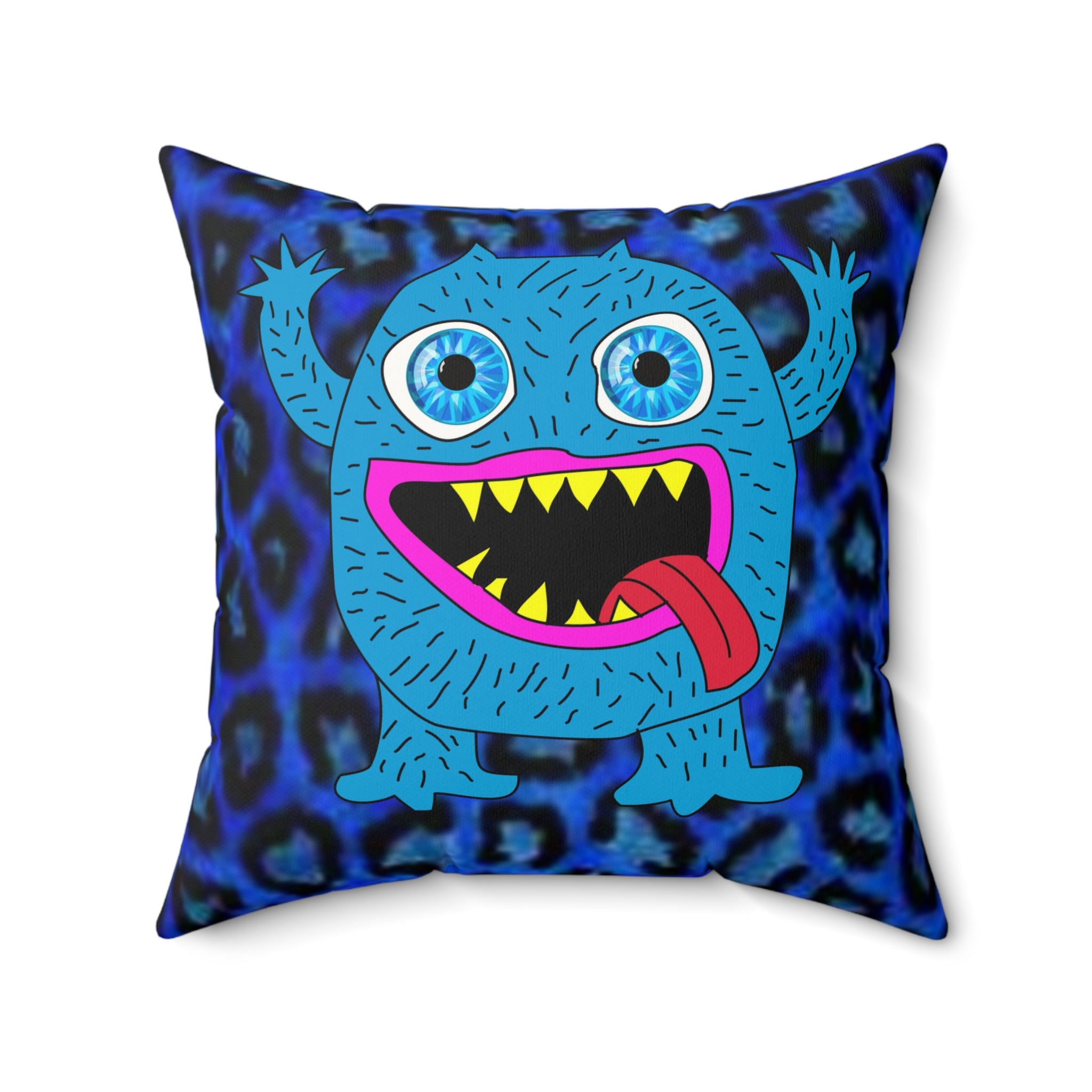 Blue Cartoon Monster Throw Pillow — Cute Fuzzy Monster Decorative Pillow