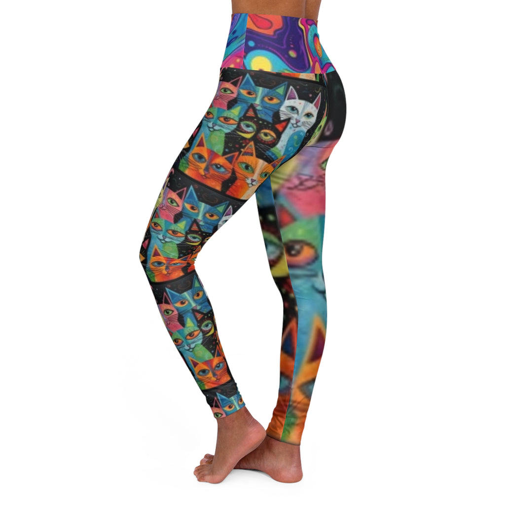 High-Waisted Cat Print Female Yoga Leggings — Colorful Whimsical Cats