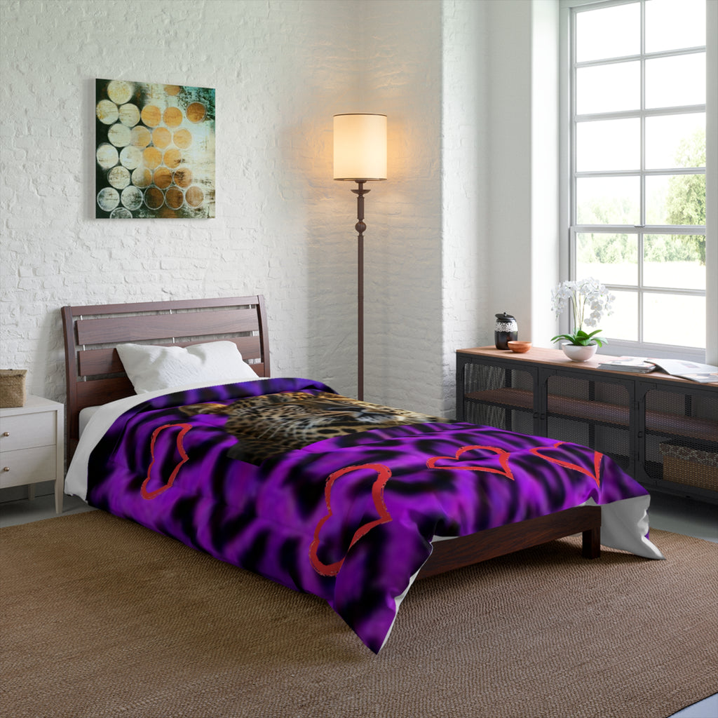 Leopard Heart Comforter - Purple Leopard Print with Big Cat Face & Hearts