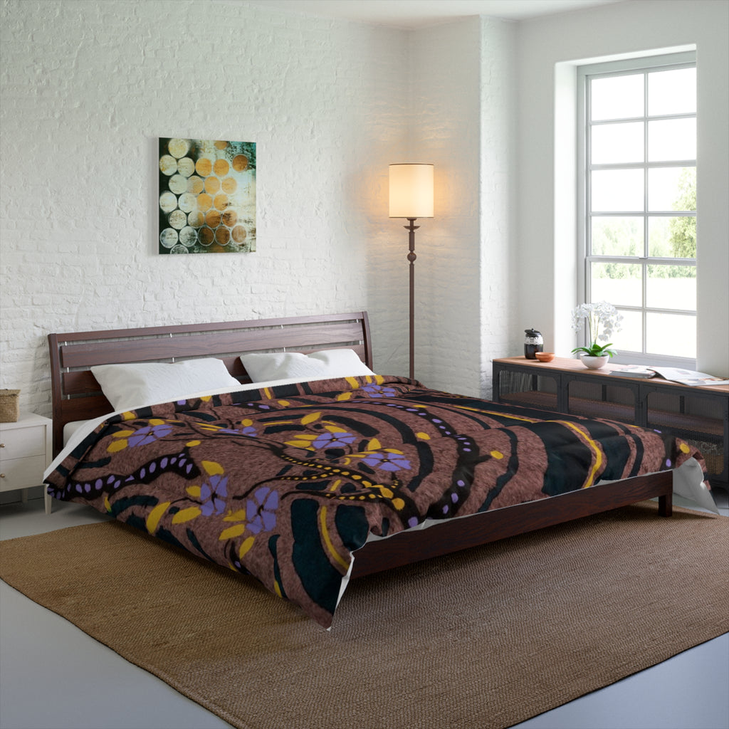 Bohemian Swirl Floral Comforter — Purple & Gold Abstract Bedspread