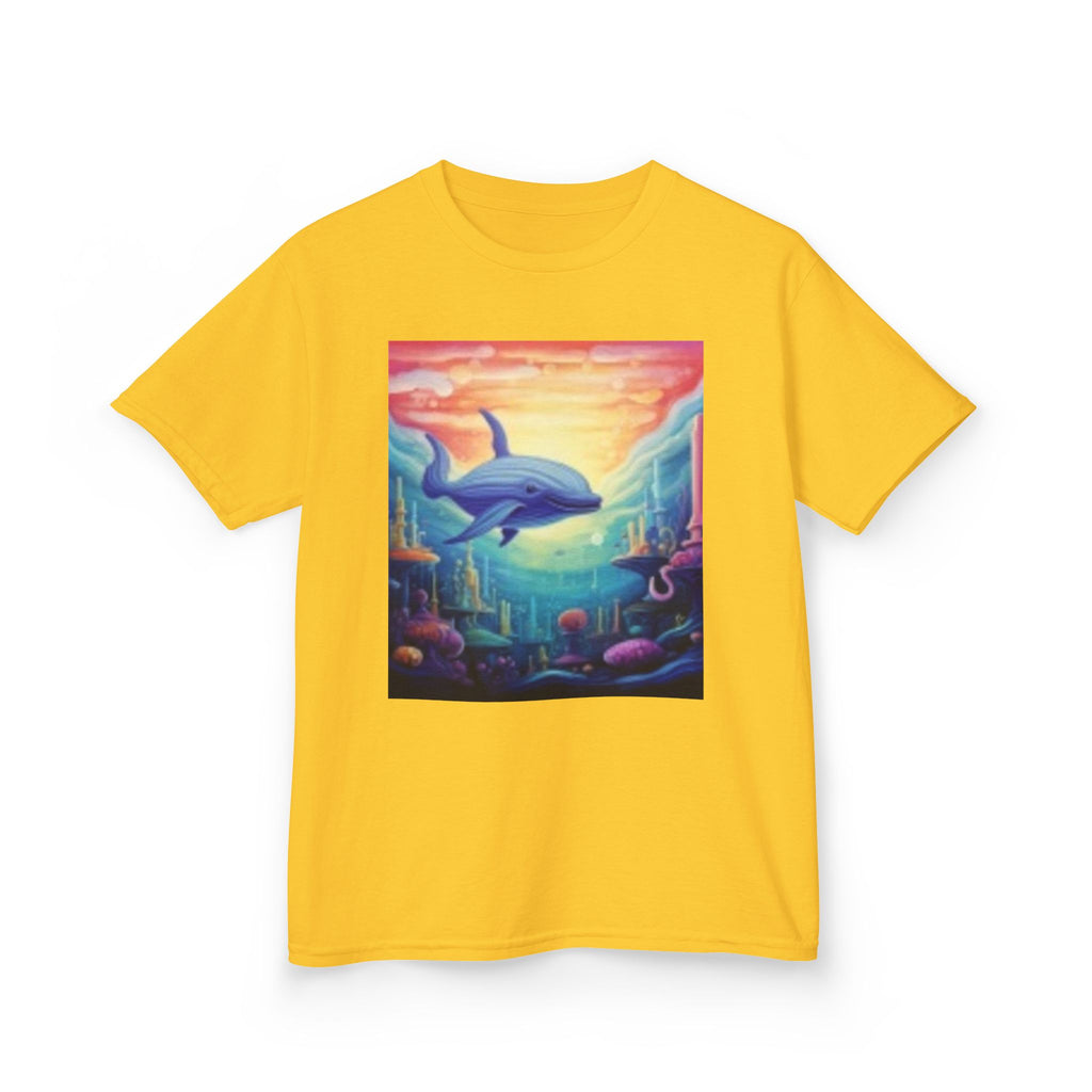 Kids Dolphin Sunset & Shells T-Shirt — Colorful Underwater Ocean Scene