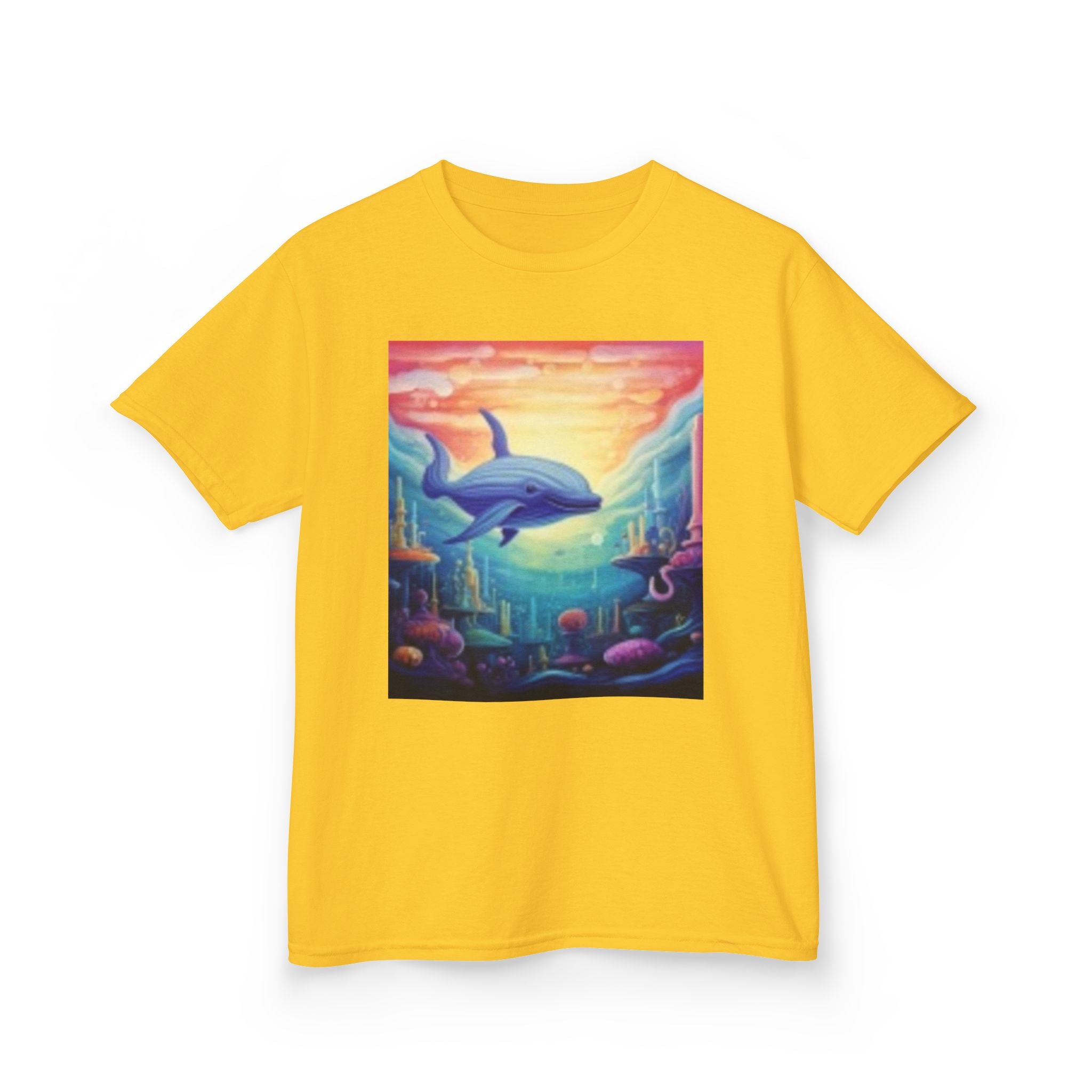 Kids Dolphin Sunset & Shells T-Shirt — Colorful Underwater Ocean Scene