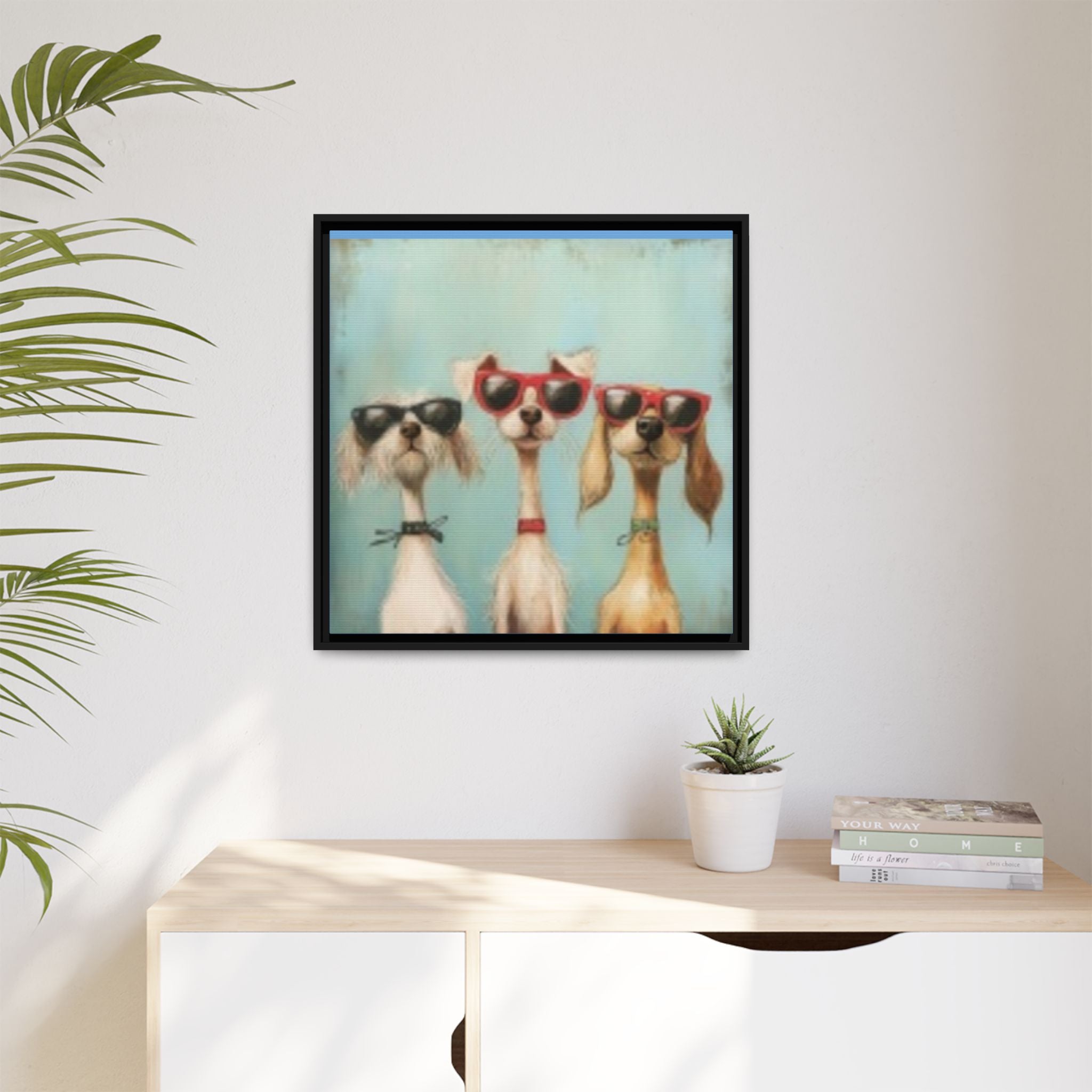 Framed Matte Canvas — Three Cool Dogs in Sunglasses Wall Art