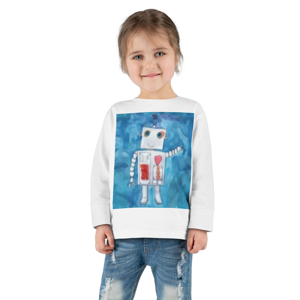 Toddler Long Sleeve Tee — Playful Robot & Colorful Sunrise Graphic Shirt