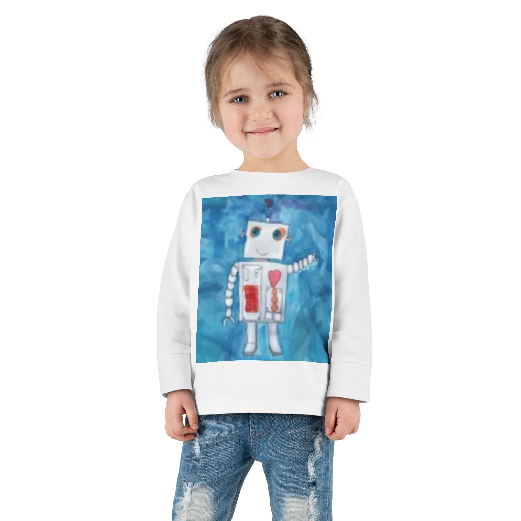 Toddler Long Sleeve Tee — Playful Robot & Colorful Sunrise Graphic Shirt