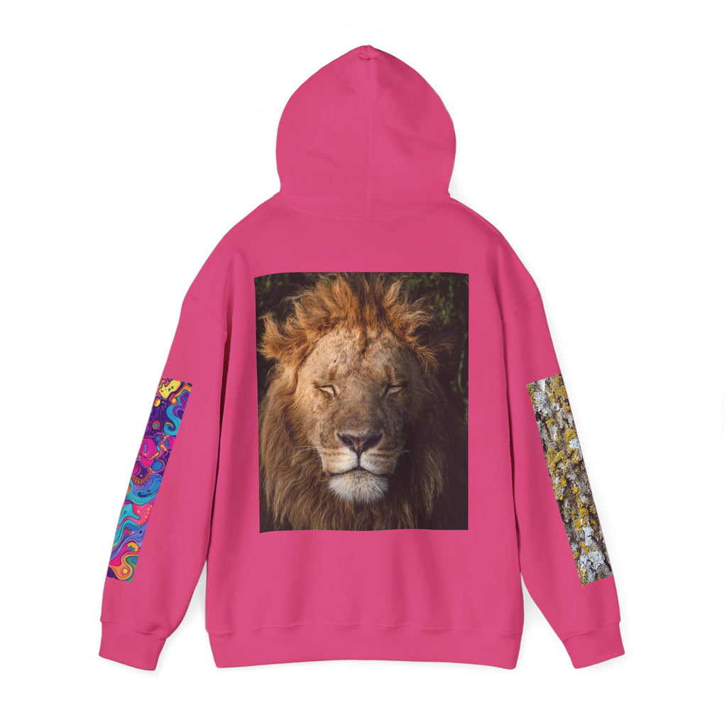 Lion Portrait Hoodie with Colorful Sleeve Accent — Majestic Wildlife Pullover