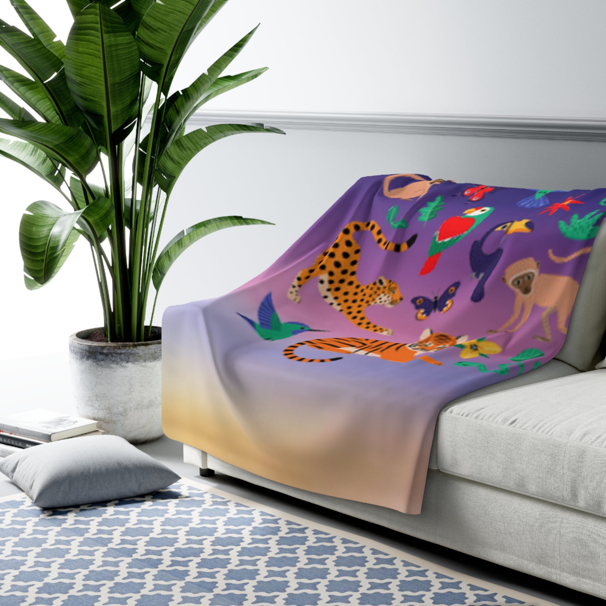 Tropical Jungle Sherpa Blanket — Colorful Exotic Animals on Gradient Background