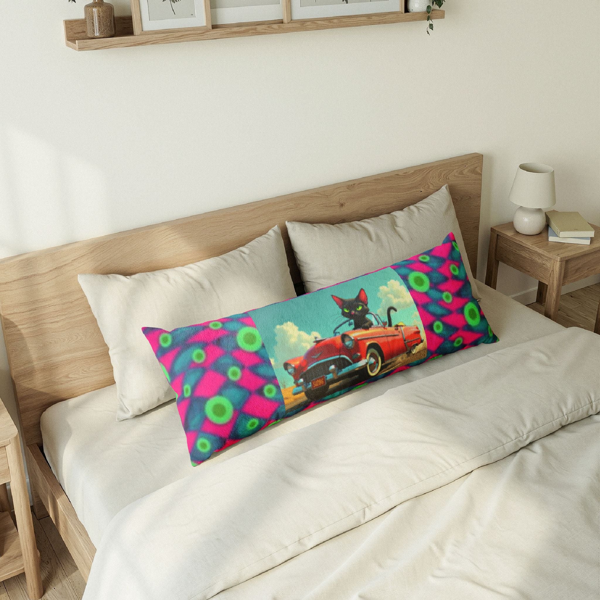 Retro Cat Convertible Body Pillow — Vibrant Pop Art Roadtrip Décor
