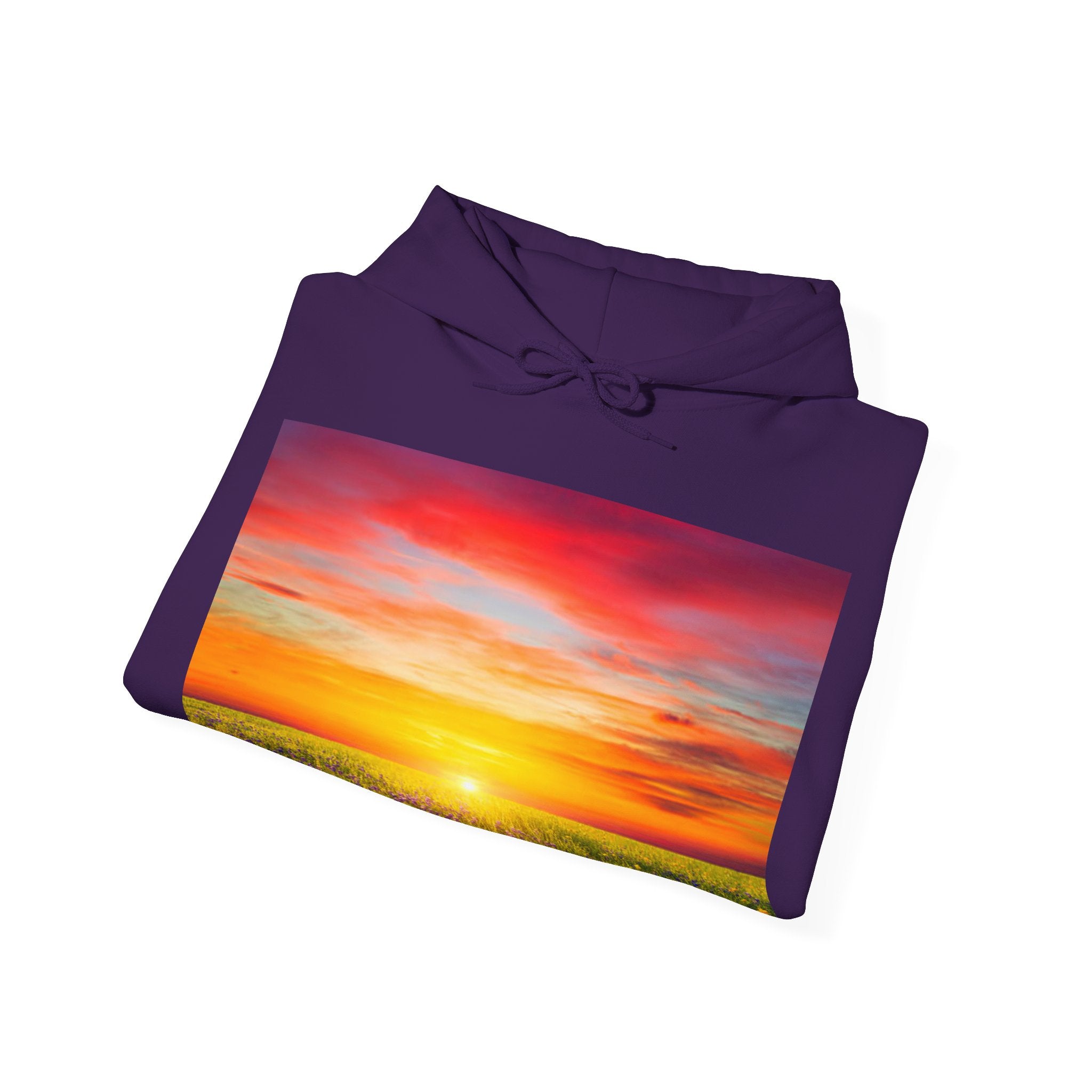 Sunrise Meadow & Horse Graphic Hoodie — Scenic Sunset Landscape and Saddled Horse Print