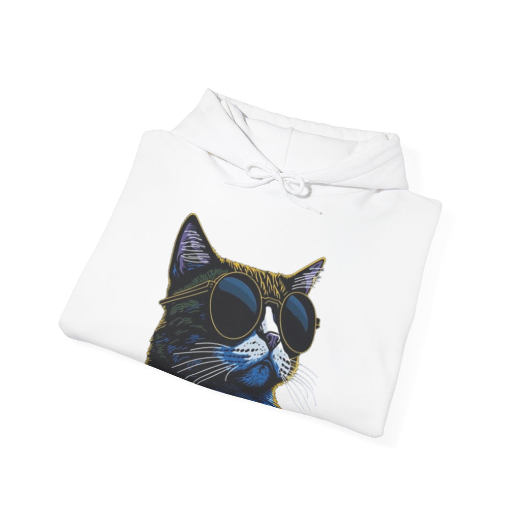 Cat Graphic Hoodie - Retro Sunglasses Cat Front & Colorful Cat Pattern Back Sweatshirt