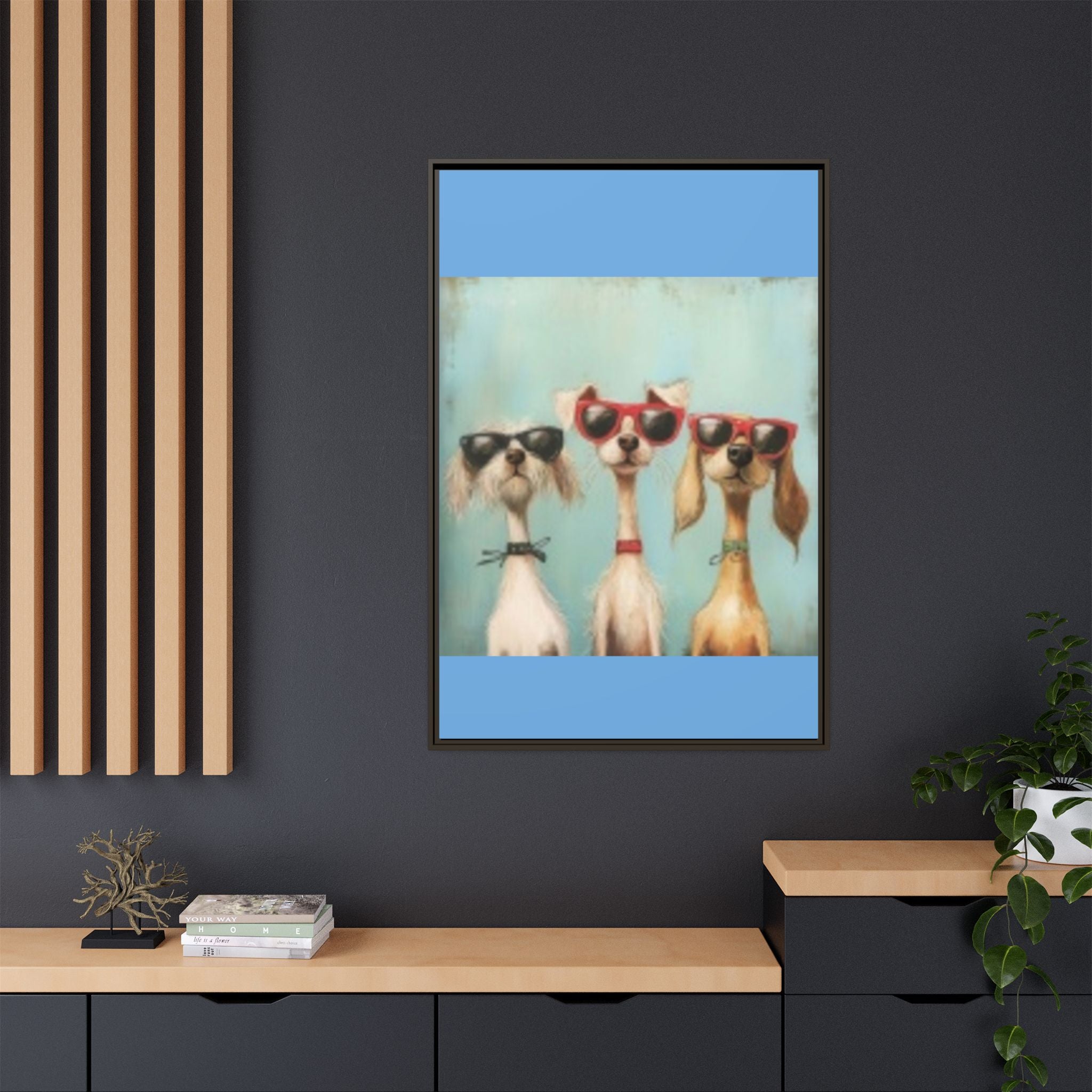 Framed Matte Canvas — Three Cool Dogs in Sunglasses Wall Art