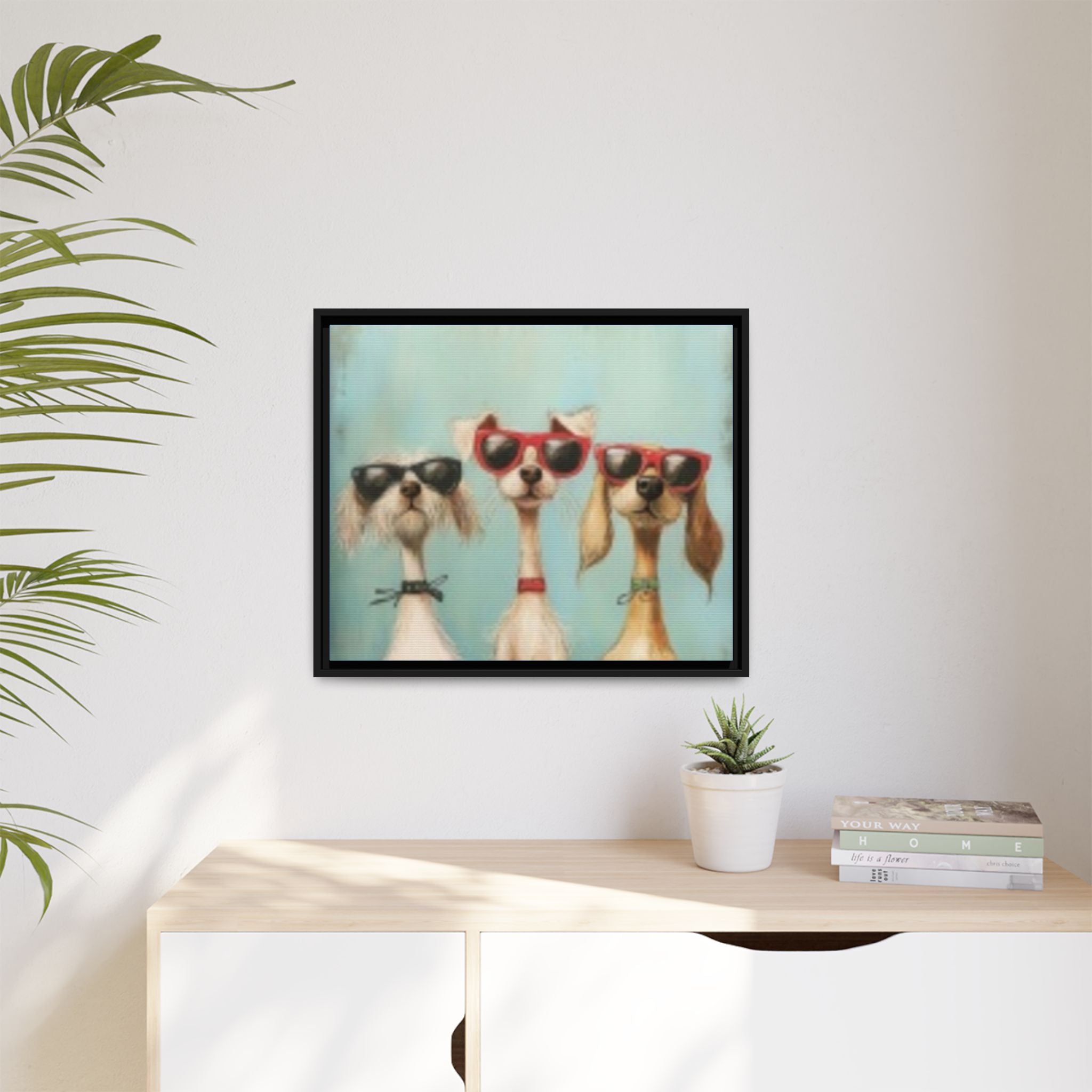 Framed Matte Canvas — Three Cool Dogs in Sunglasses Wall Art