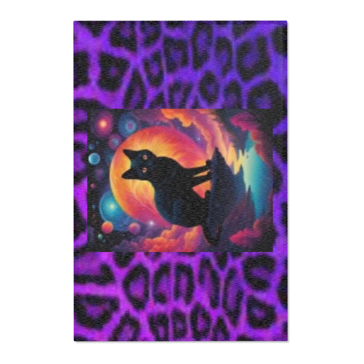 Purple Leopard Moon Black Cat Area Rug — Mystic Animal Print Home Décor