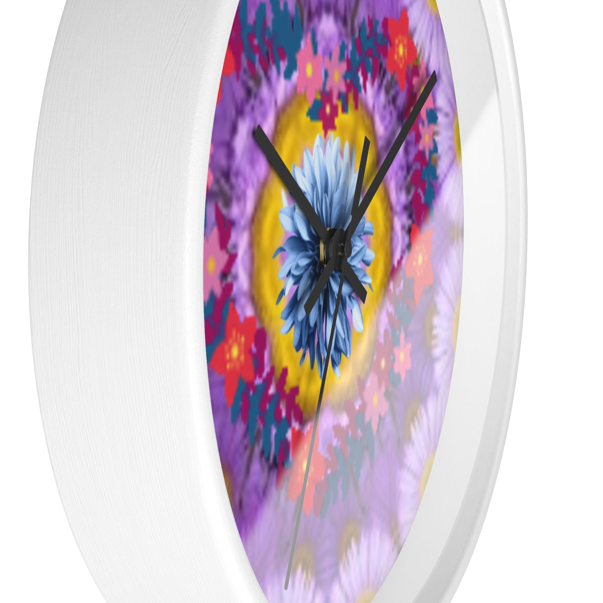 Floral Kaleidoscope Wall Clock — Vibrant Purple Flower Mandala Timepiece