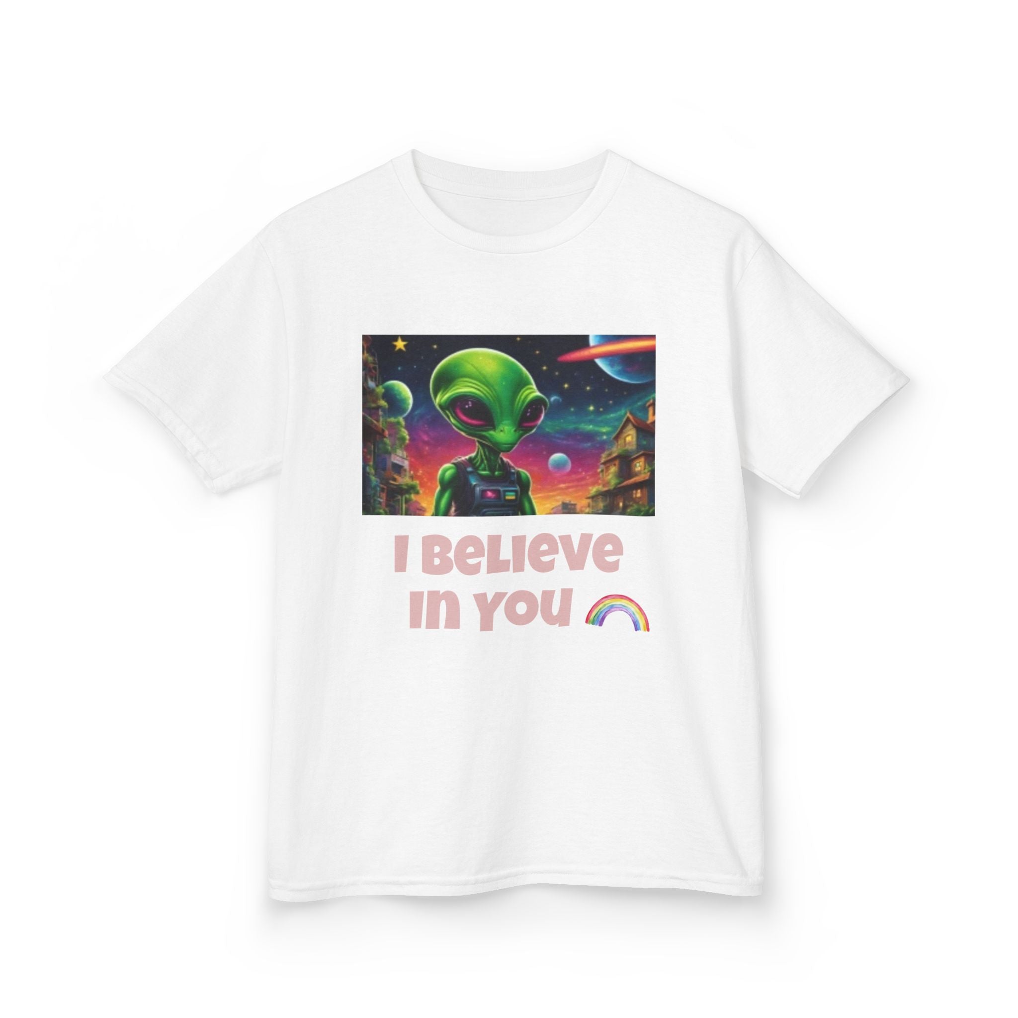 Kids Alien Space I Believe in You T-shirt — Colorful Extraterrestrial Galaxy Shirt