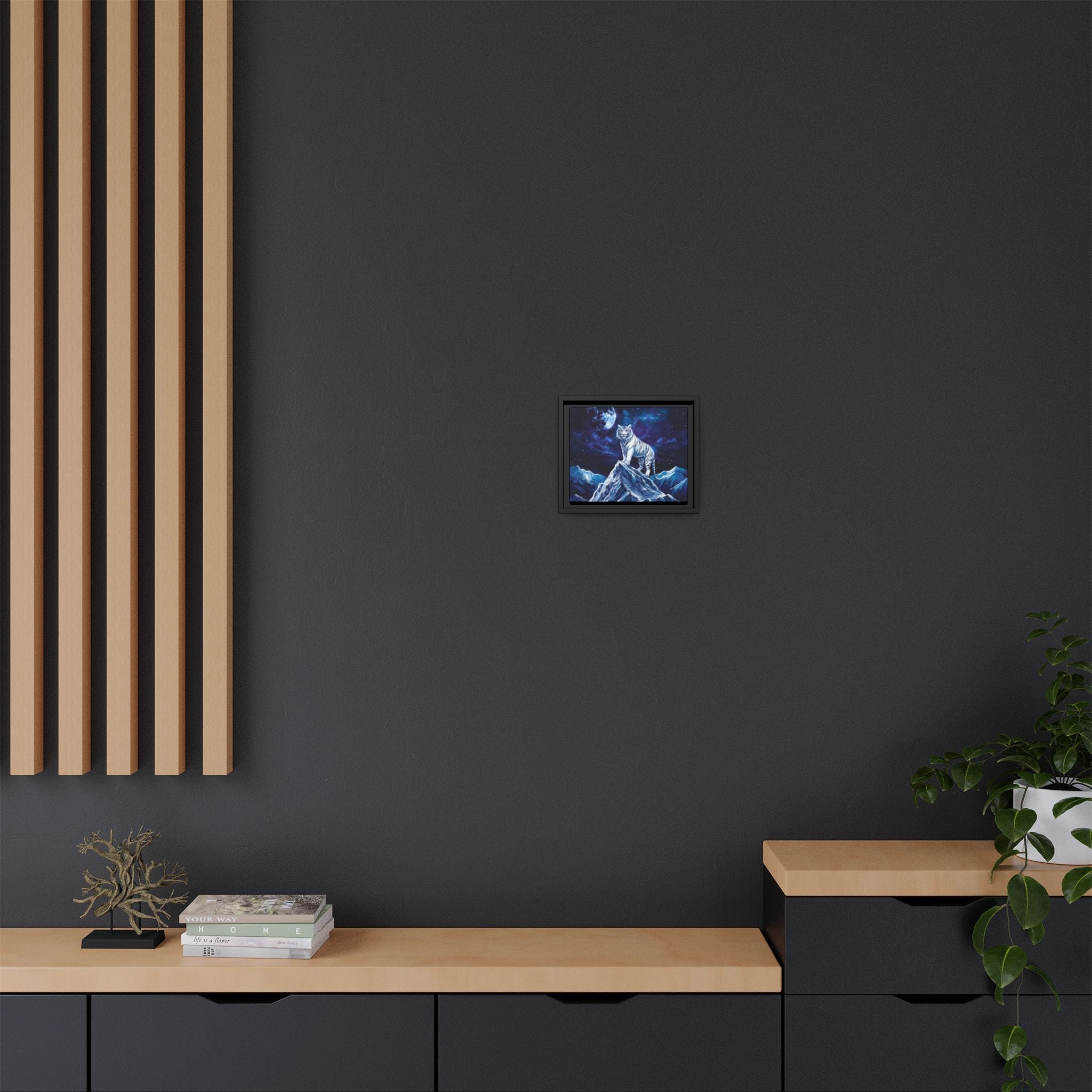 Framed Matte Canvas - White Tiger on Moonlit Mountain