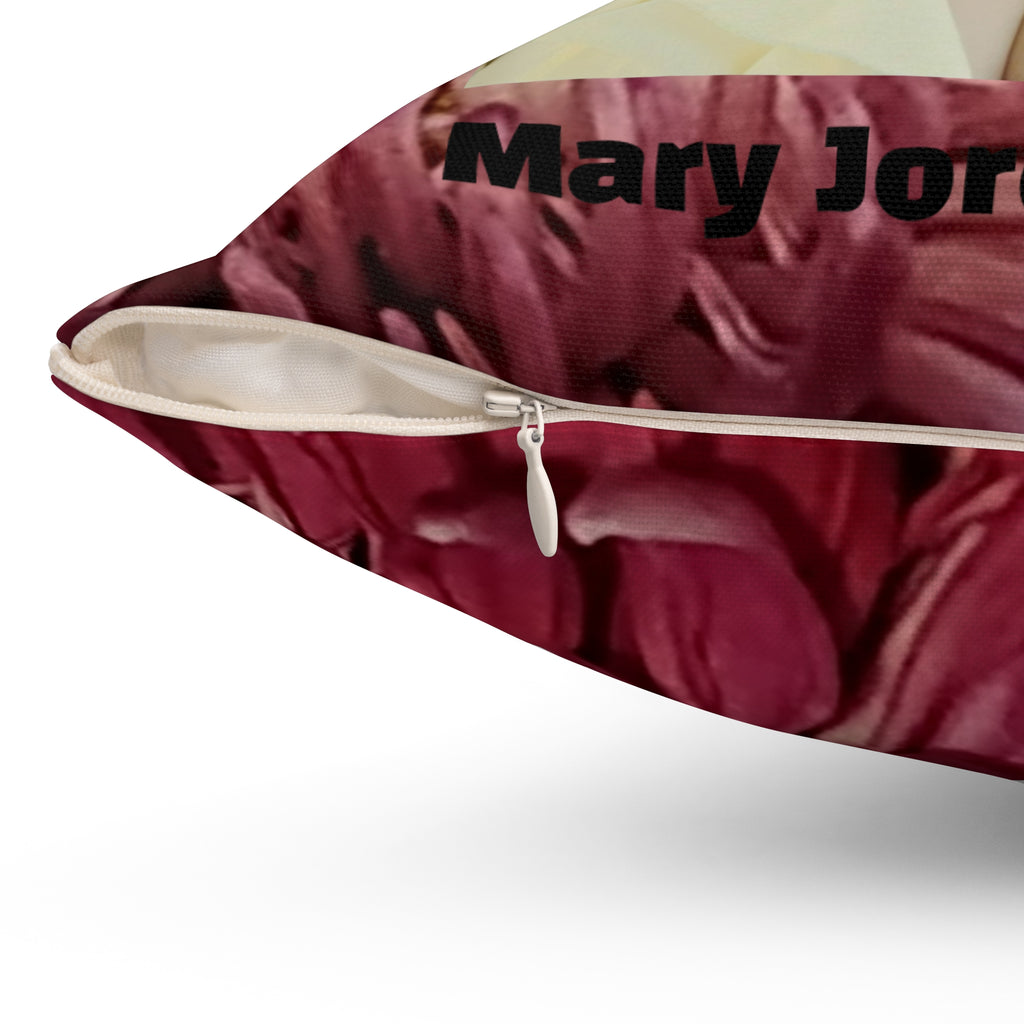 Mary Jordan & Butterfly Floral Throw Pillow — Custom Portrait on Burgundy Chrysanthemum