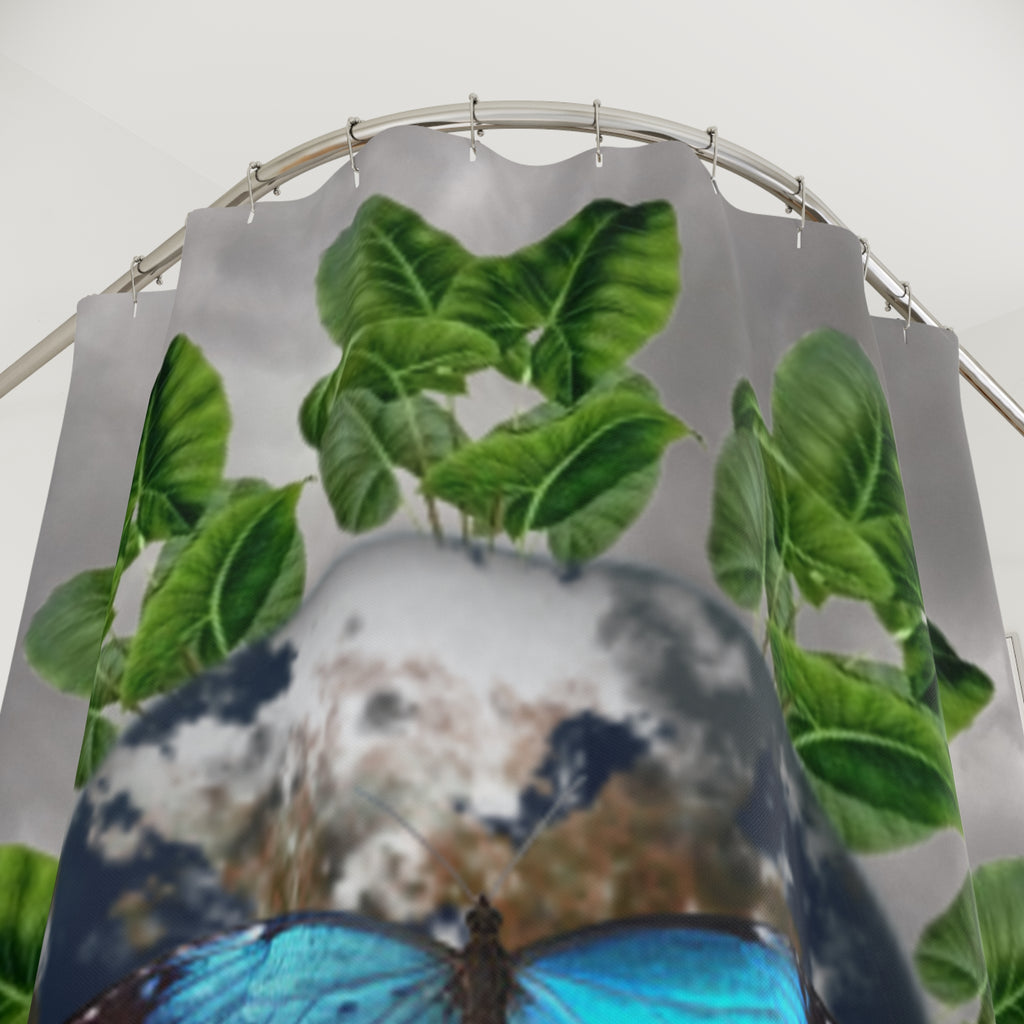 Nature Earth Shower Curtain & Earth Facts — Blue Butterfly & Green Leaves Bathroom Decor