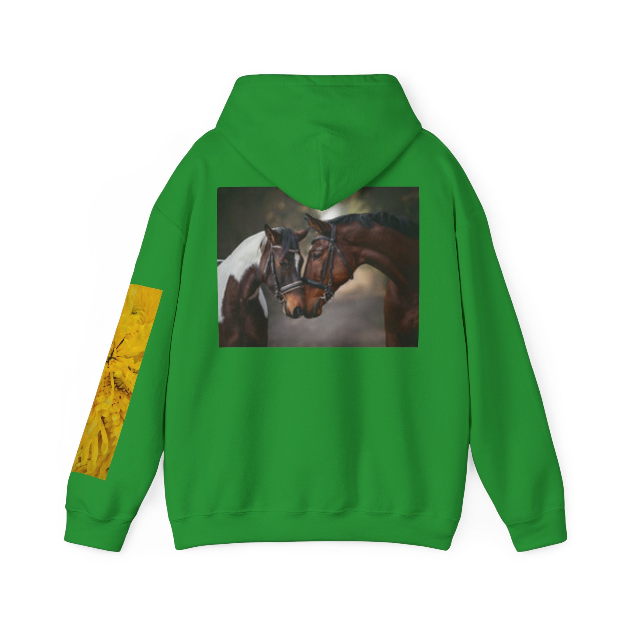 Sunrise Meadow & Horse Graphic Hoodie — Scenic Sunset Landscape and Saddled Horse Print
