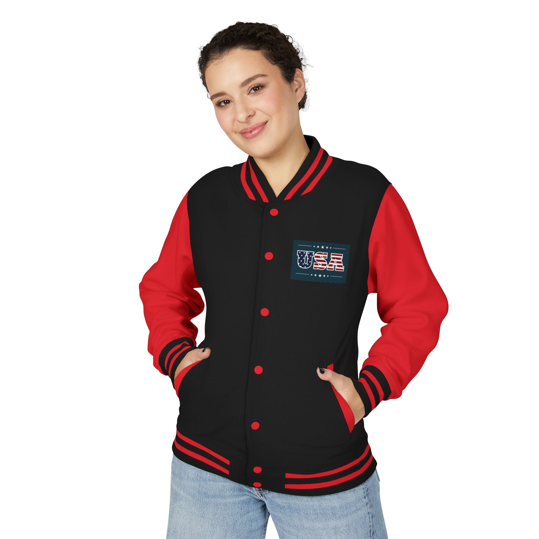Veteran Tribute Letterman Jacket - American Flag Soldier Graphic