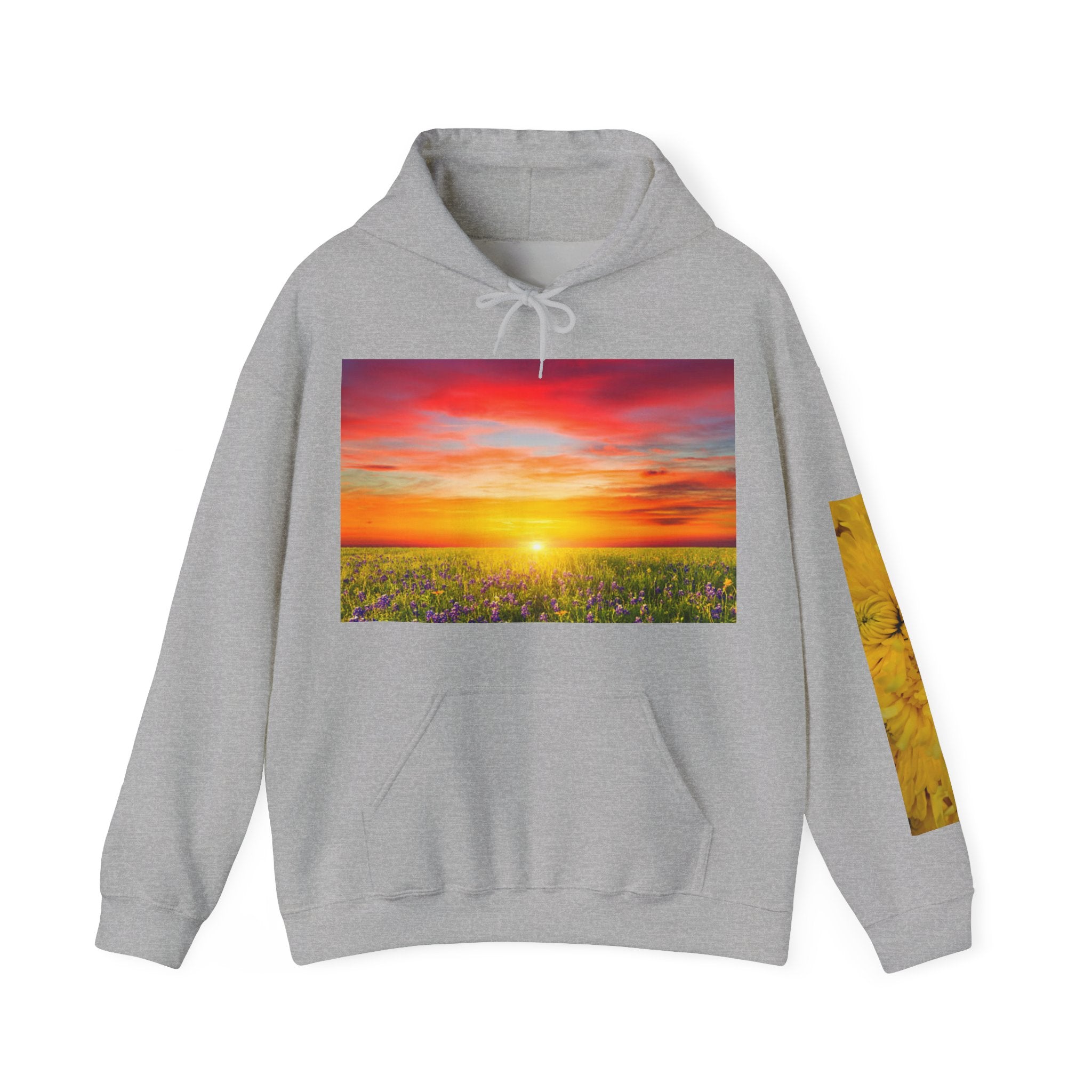 Sunrise Meadow & Horse Graphic Hoodie — Scenic Sunset Landscape and Saddled Horse Print