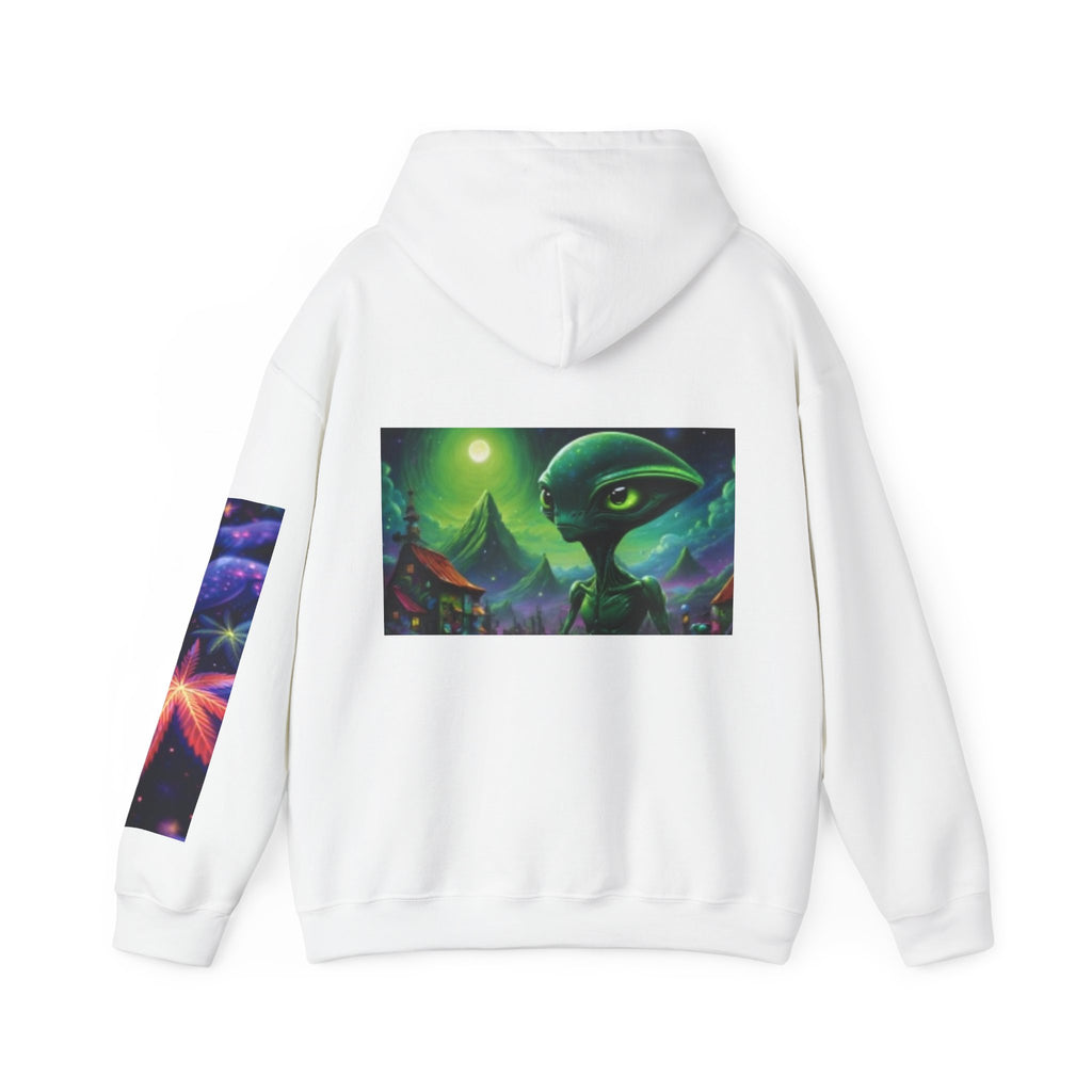 Alien Landscape Hoodie — Cosmic Moonscape & Green Alien Graphic Sweatshirt
