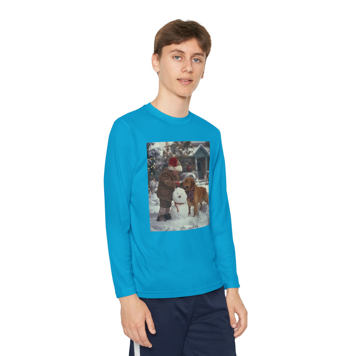 Youth Long Sleeve Tee — Christmas~Vintage Snow Day Kids Shirt with Snowman and Dog