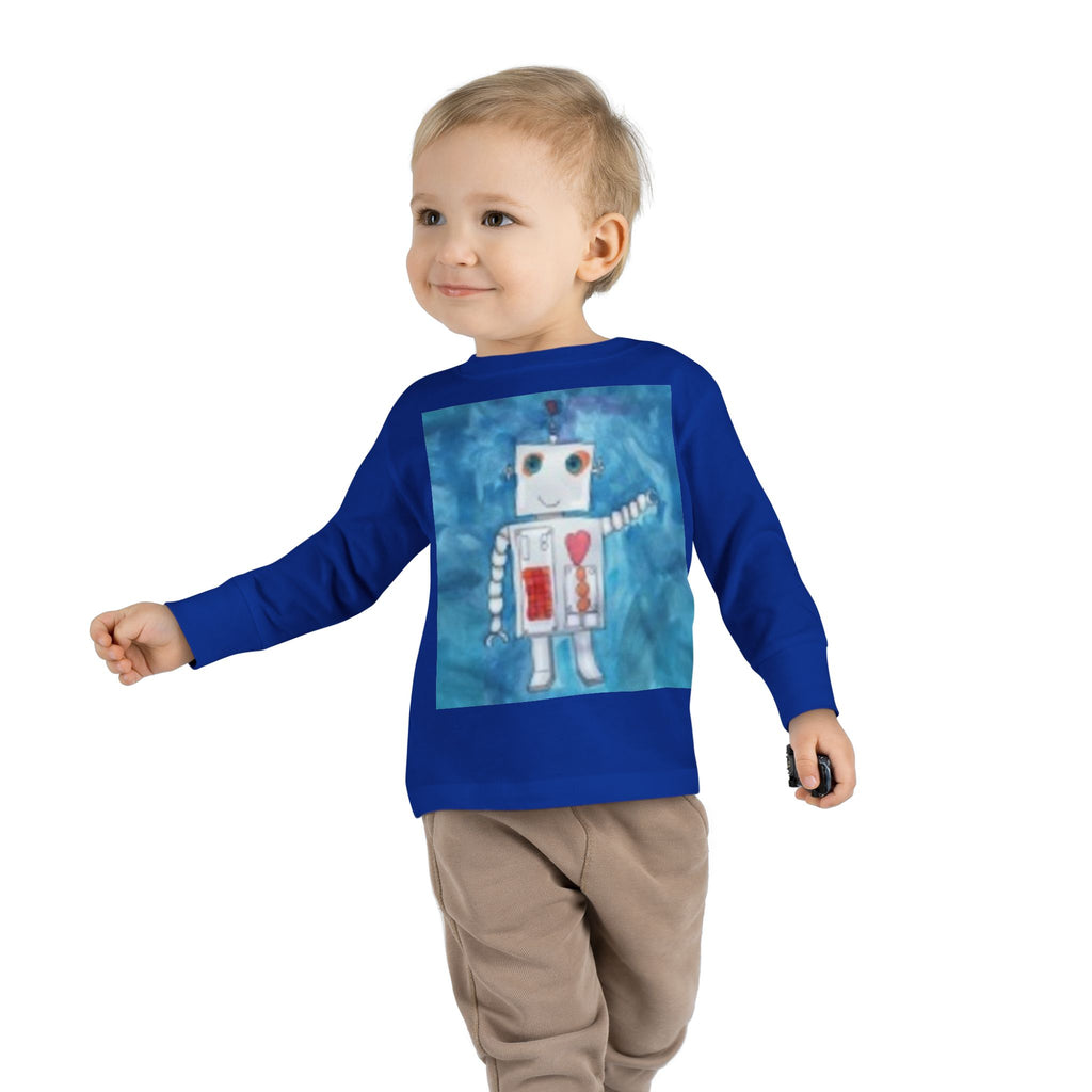 Toddler Long Sleeve Tee — Playful Robot & Colorful Sunrise Graphic Shirt