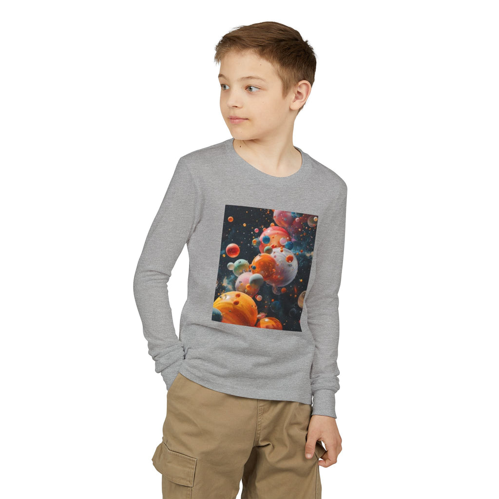 Youth Long Sleeve Tee — Playful Space Planets & Happy Bulldog Graphic