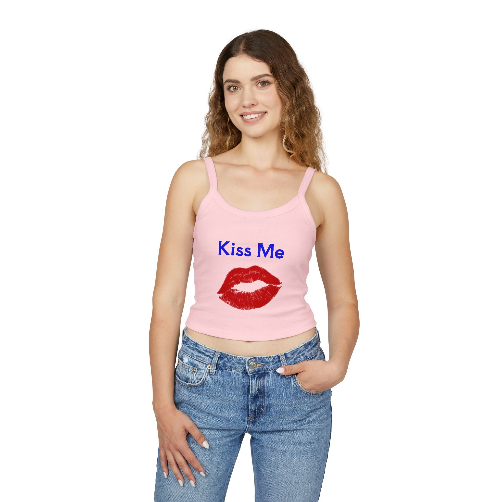 Kiss Me Lip Print Tank Top — Women's Spaghetti Strap Crop